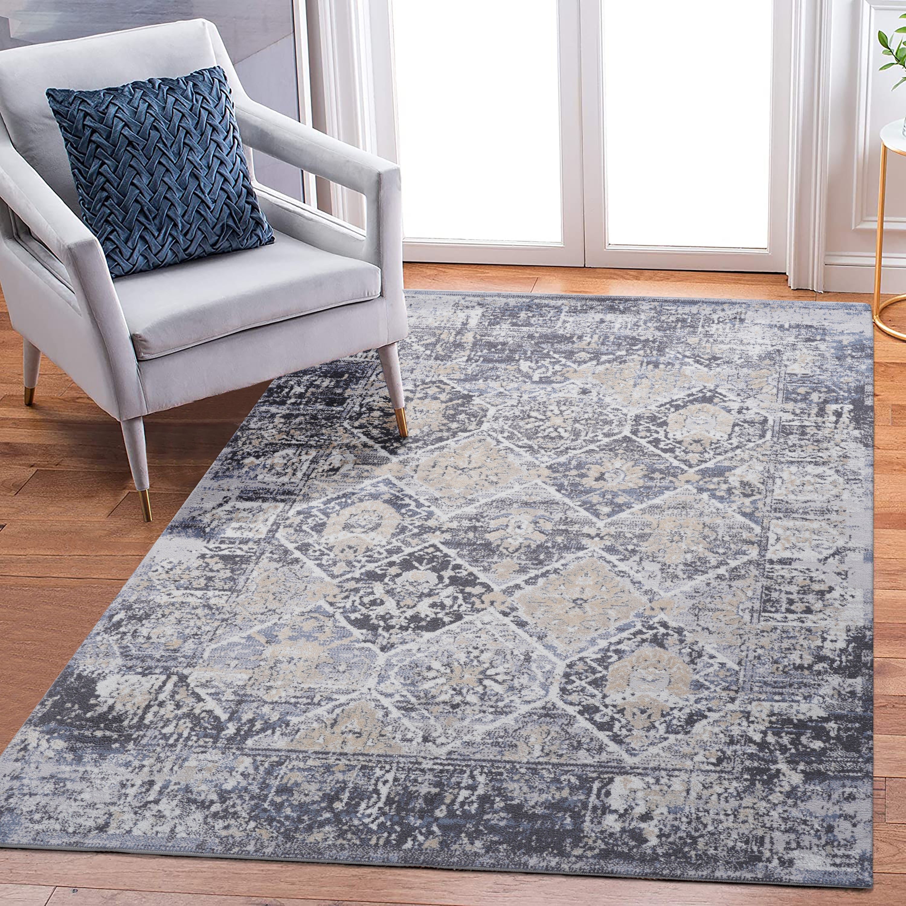 8X10 Grey/Blue /Traditional Non-Shedding and Stain Resistant Area Rug