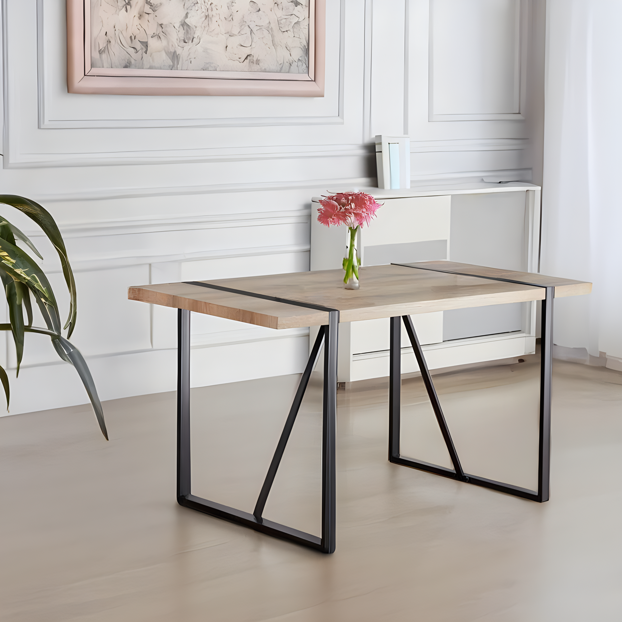 55" Natural color Dining Table and Modern Dining Chair Set of 4, Metal Base & Legs