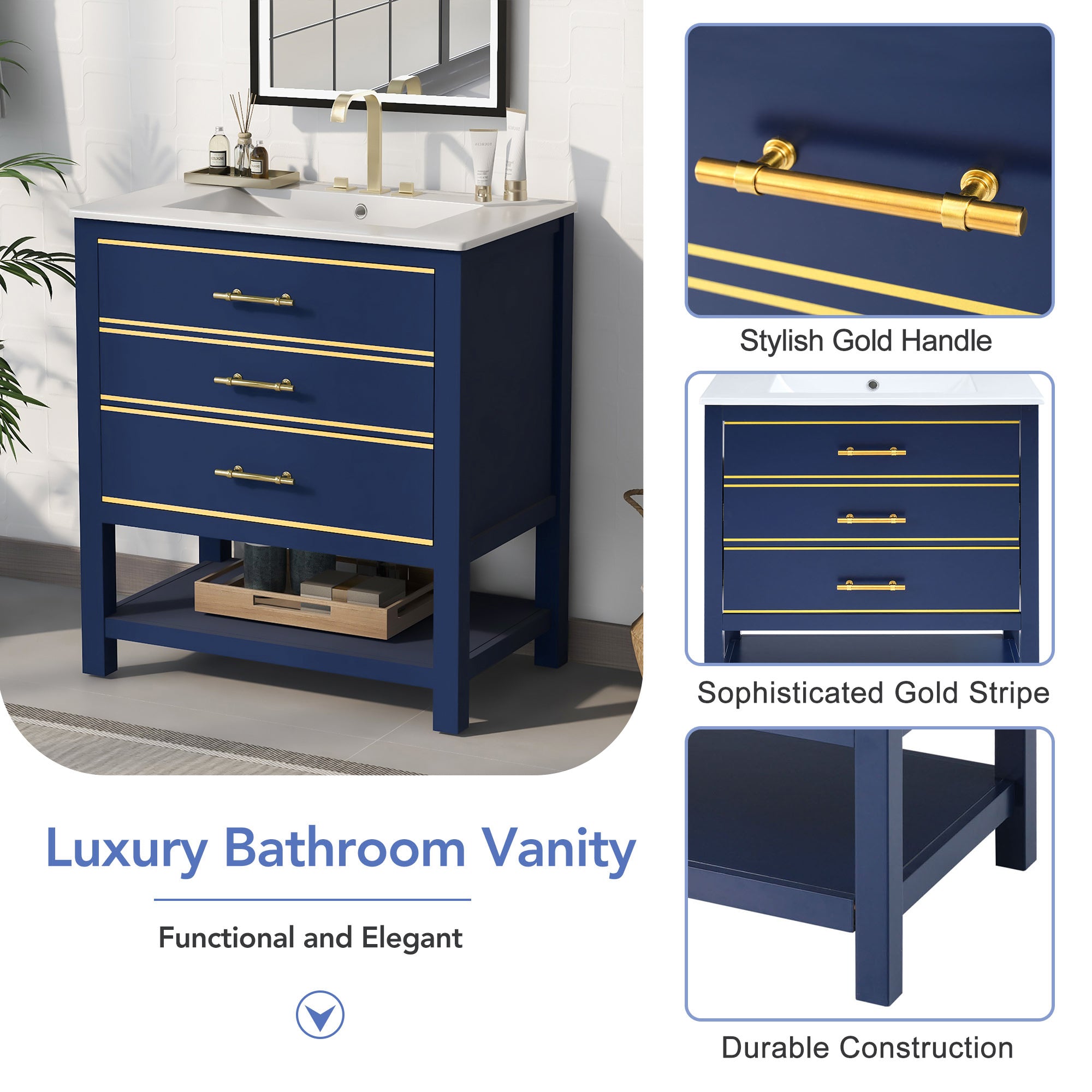 30inch Navy Blue/White Bathroom Vanity Cabinet Combo with Open Storge, Two Drawers