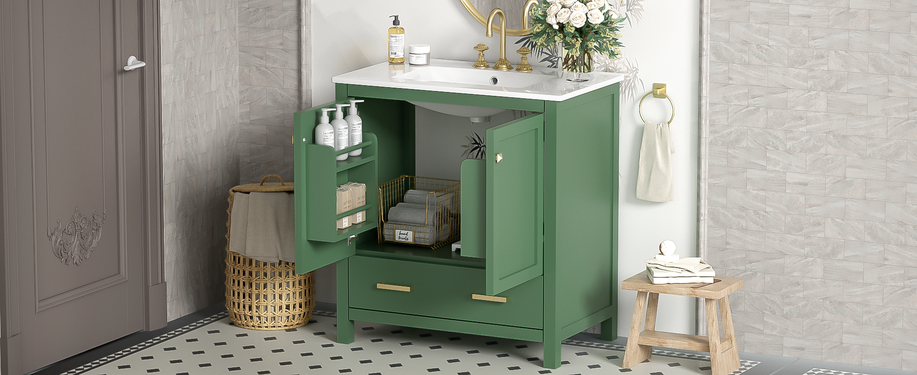 30" Green Bathroom Vanity with Single Sink, Storage Cabinet with 2 Doors and a Drawer, Soft Closure