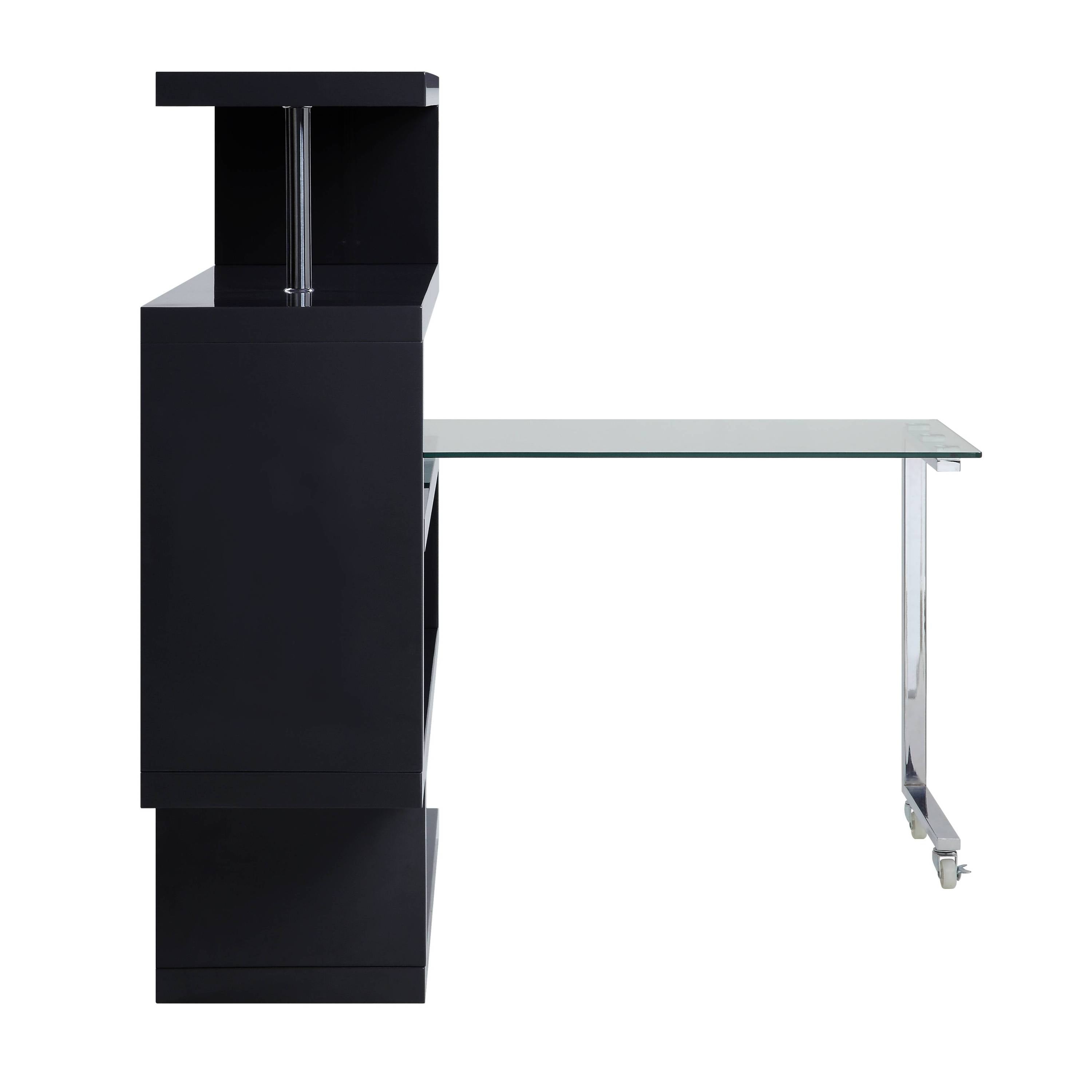 Buck II Clear Glass, Chrome High Gloss Finish Writing Desk with Shelf- Black
