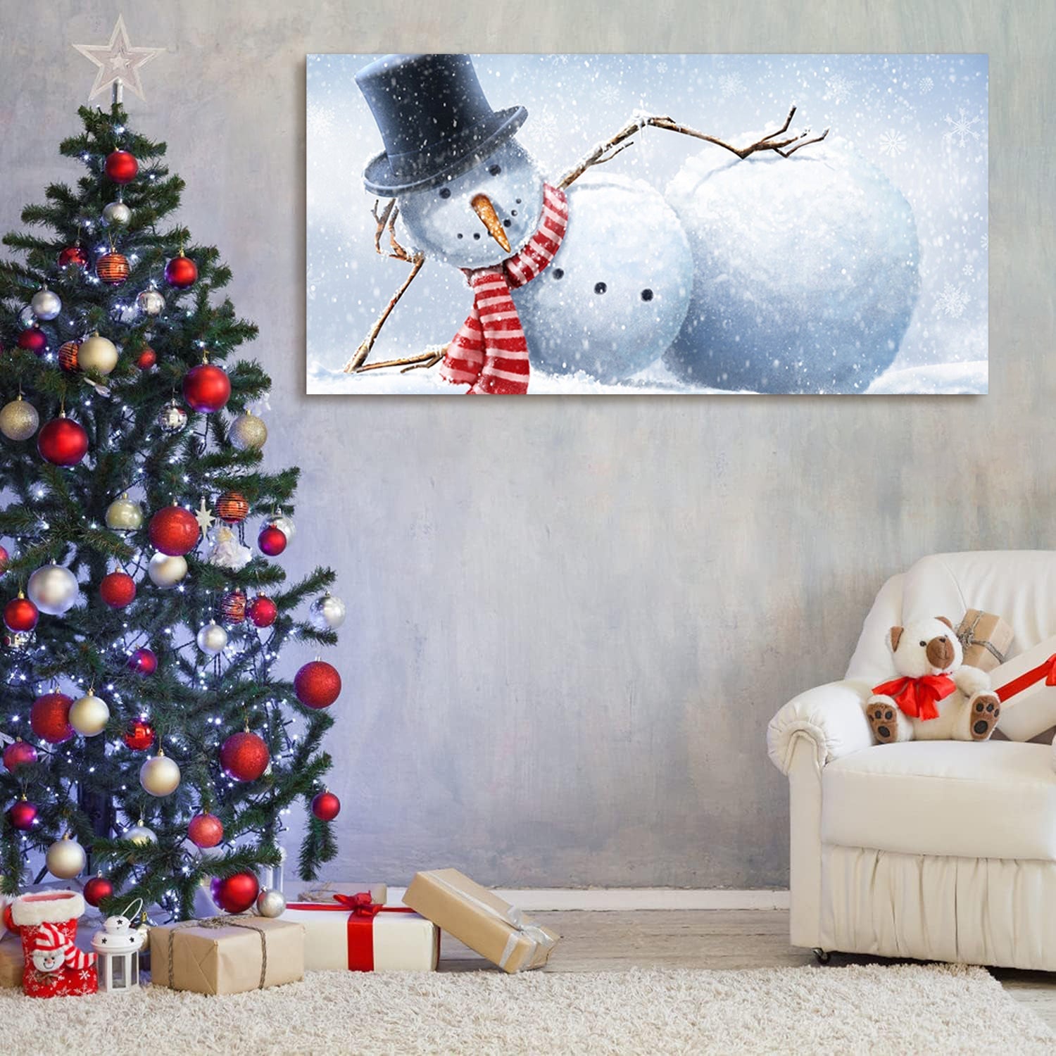 Framed Canvas Wall Art Cute Lying Snowman Painting