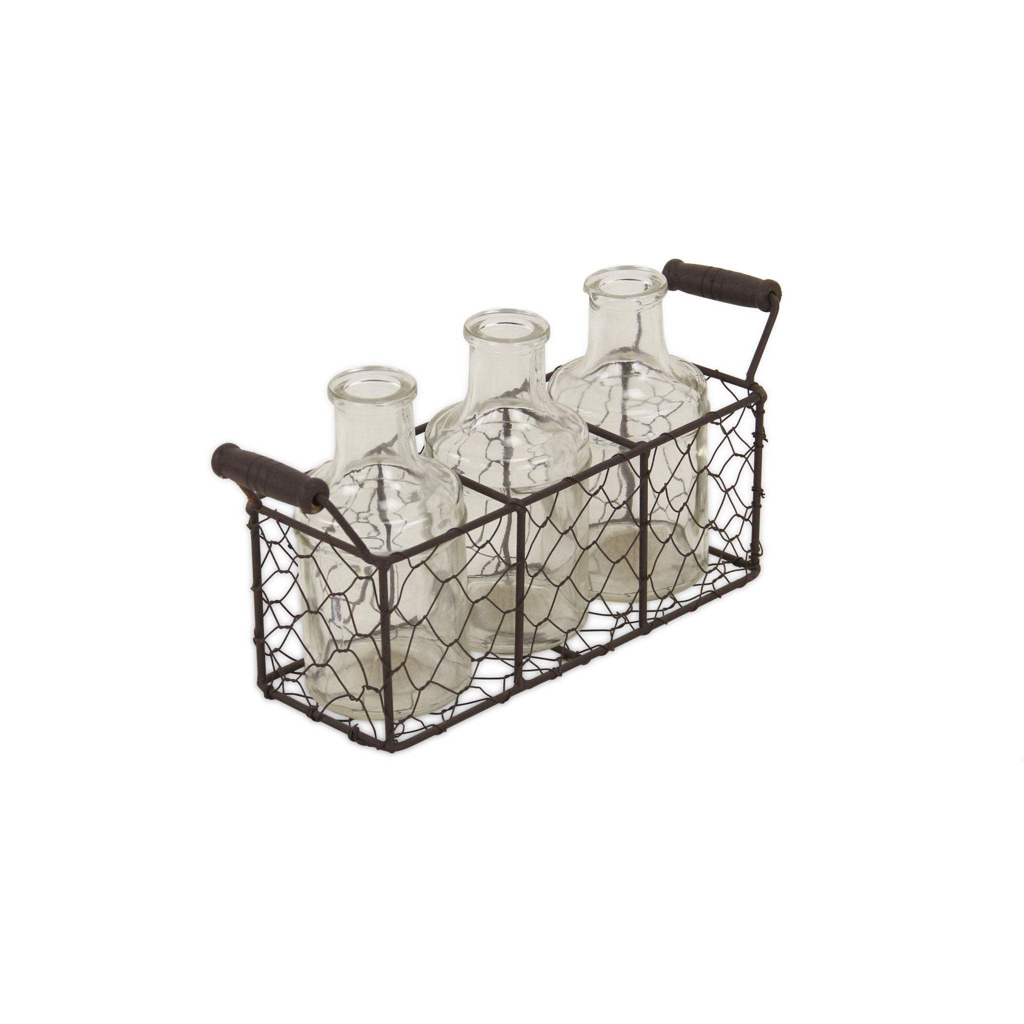 Set of Three Glass Bottles in Brown Wire Basket