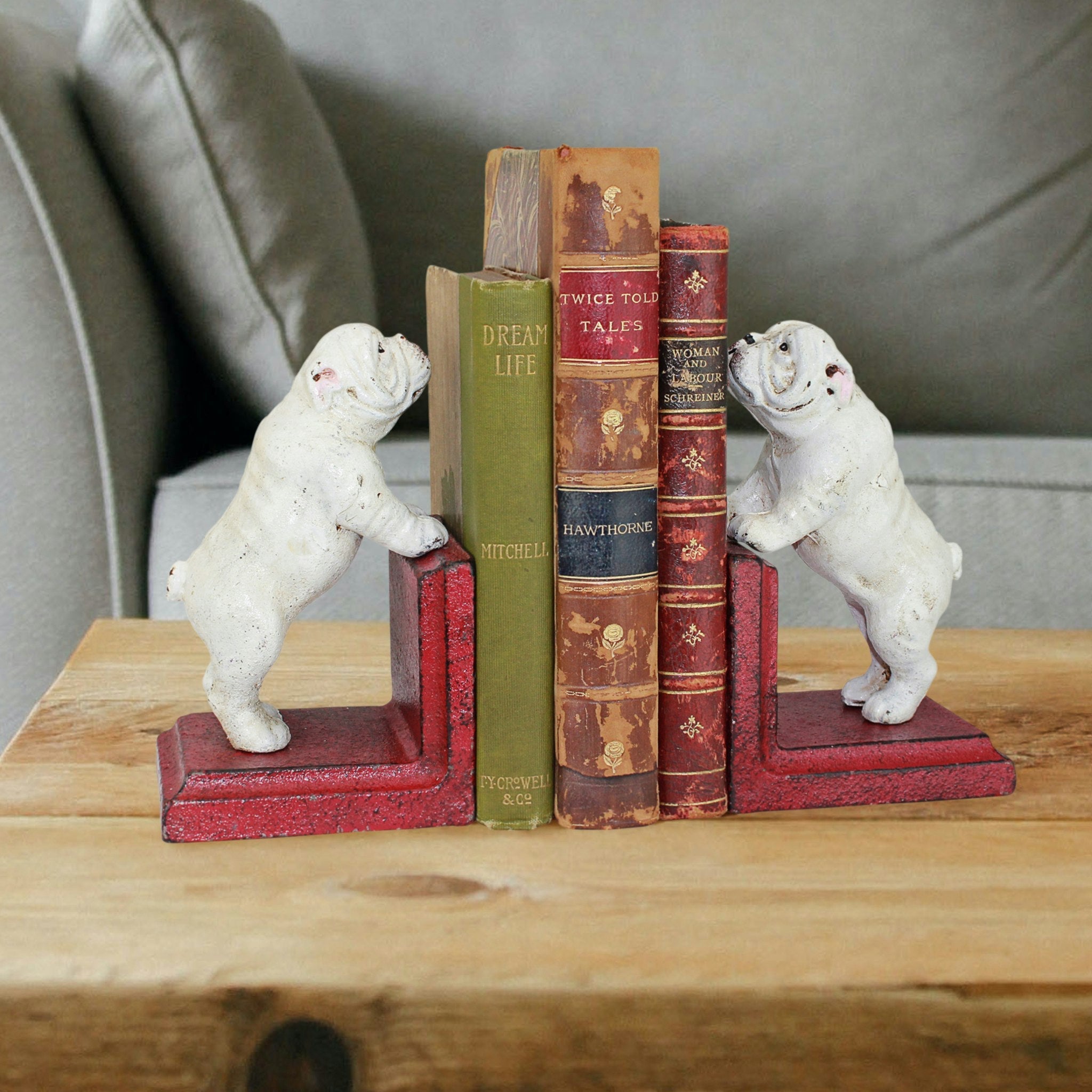 Over the Fence Bulldog Cast Iron Sculptural Bookend Pair