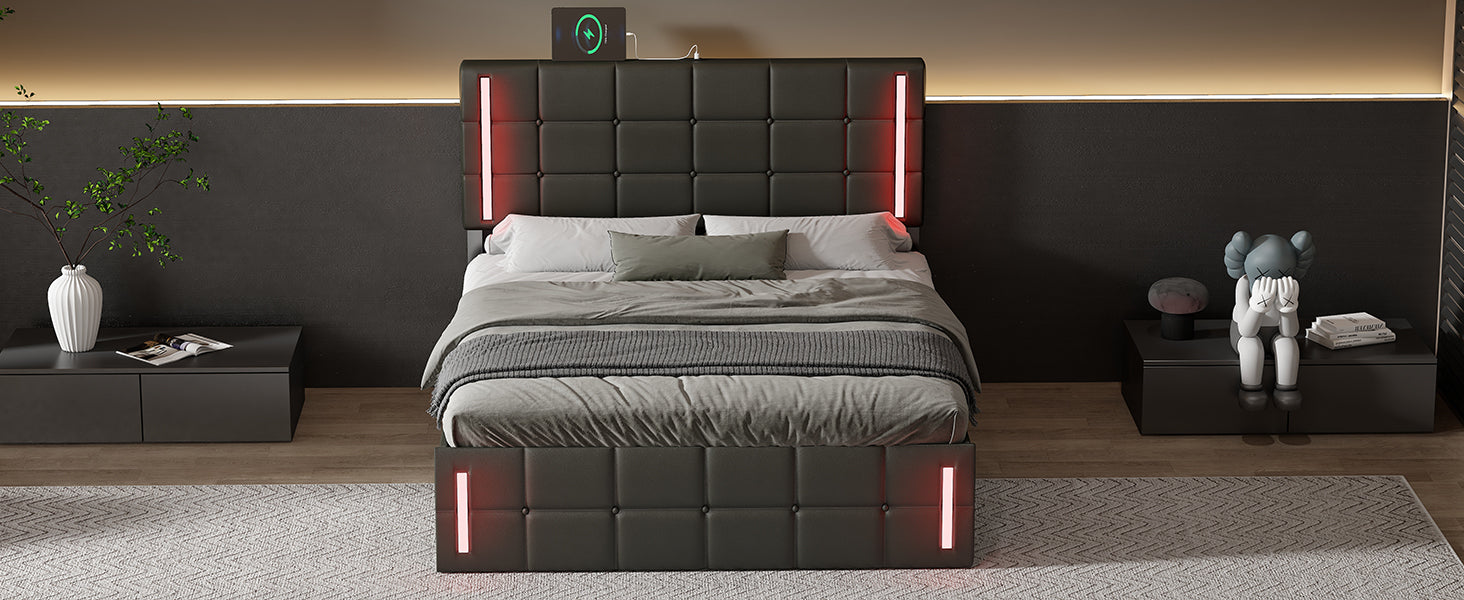 Full Size Upholstered Bed with LED Lights,Hydraulic Storage System and USB Charging Station,Black