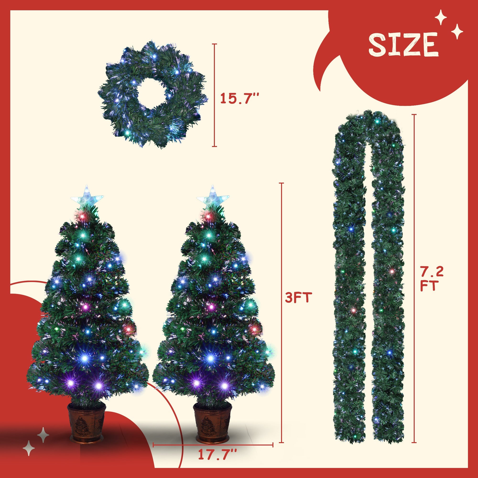 Pre-lit Christmas Tree 4-Piece Set, Christmas Garland, Wreath and set of 2 Entrance Trees