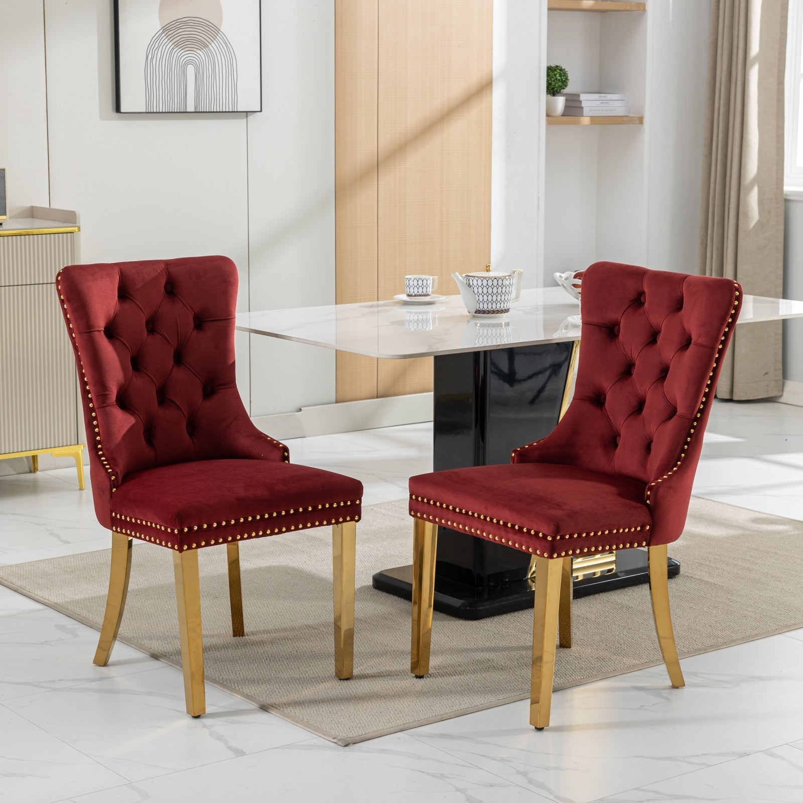 Nikki Collection Modern, High-end Tufted Solid Wood Contemporary Velvet ,Set of 2, Wine Red and Gold