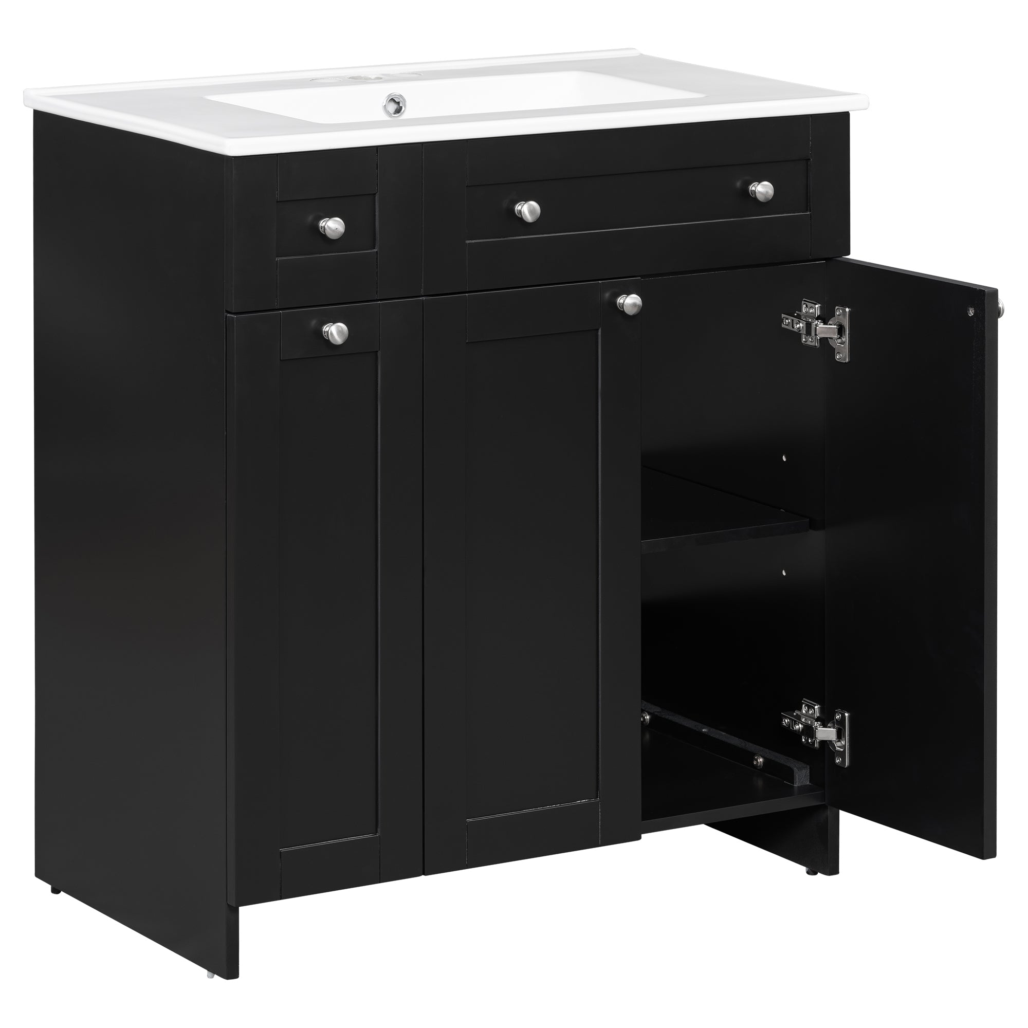 30-Inch Black Bathroom Vanity with Ceramic Sink Combo, Abundant Storage Cabinet - 2 Soft-close Doors and Double-tier Deep Drawer