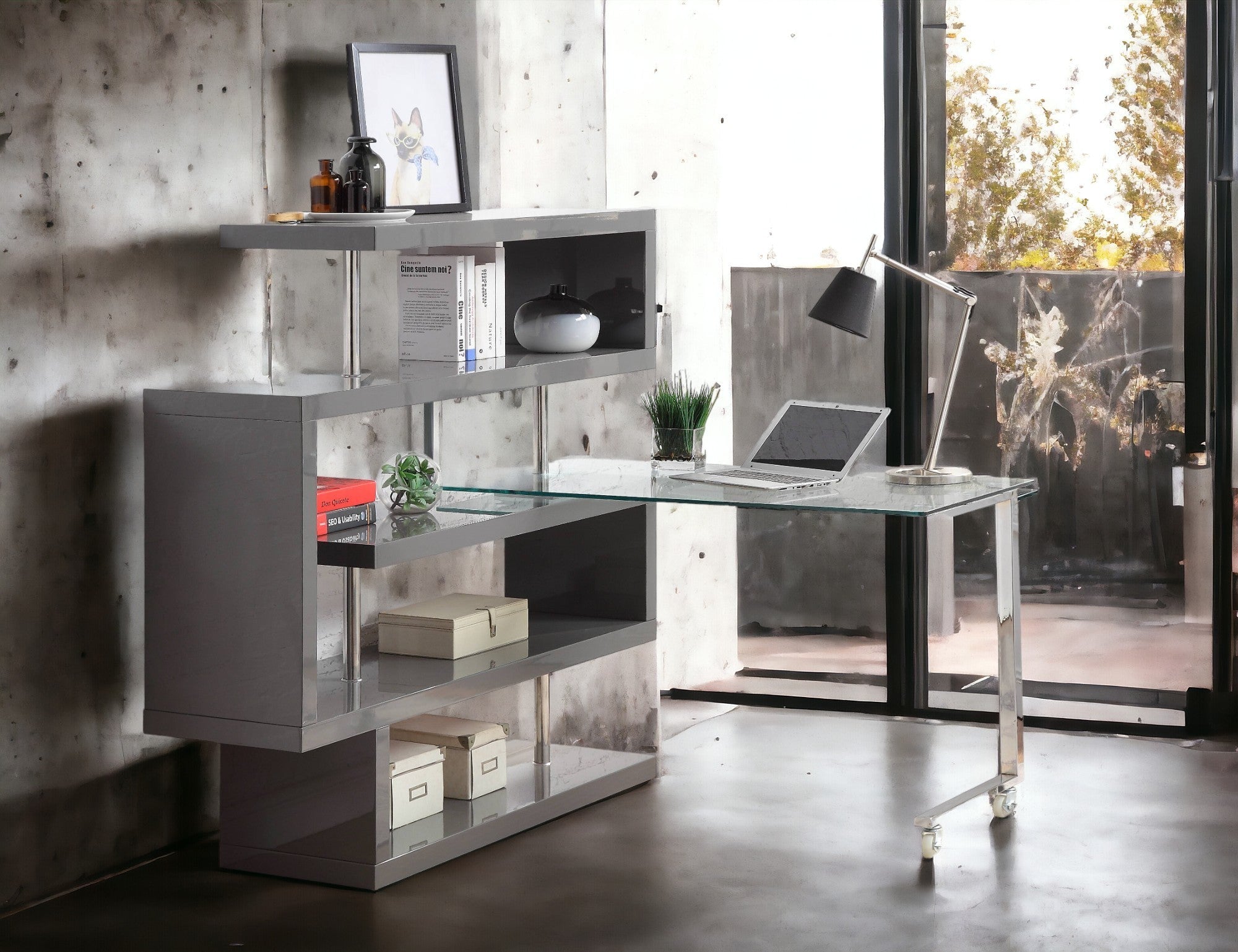 Buck II Clear Glass, Chrome High Gloss Finish Writing Desk with Shelf-Gray