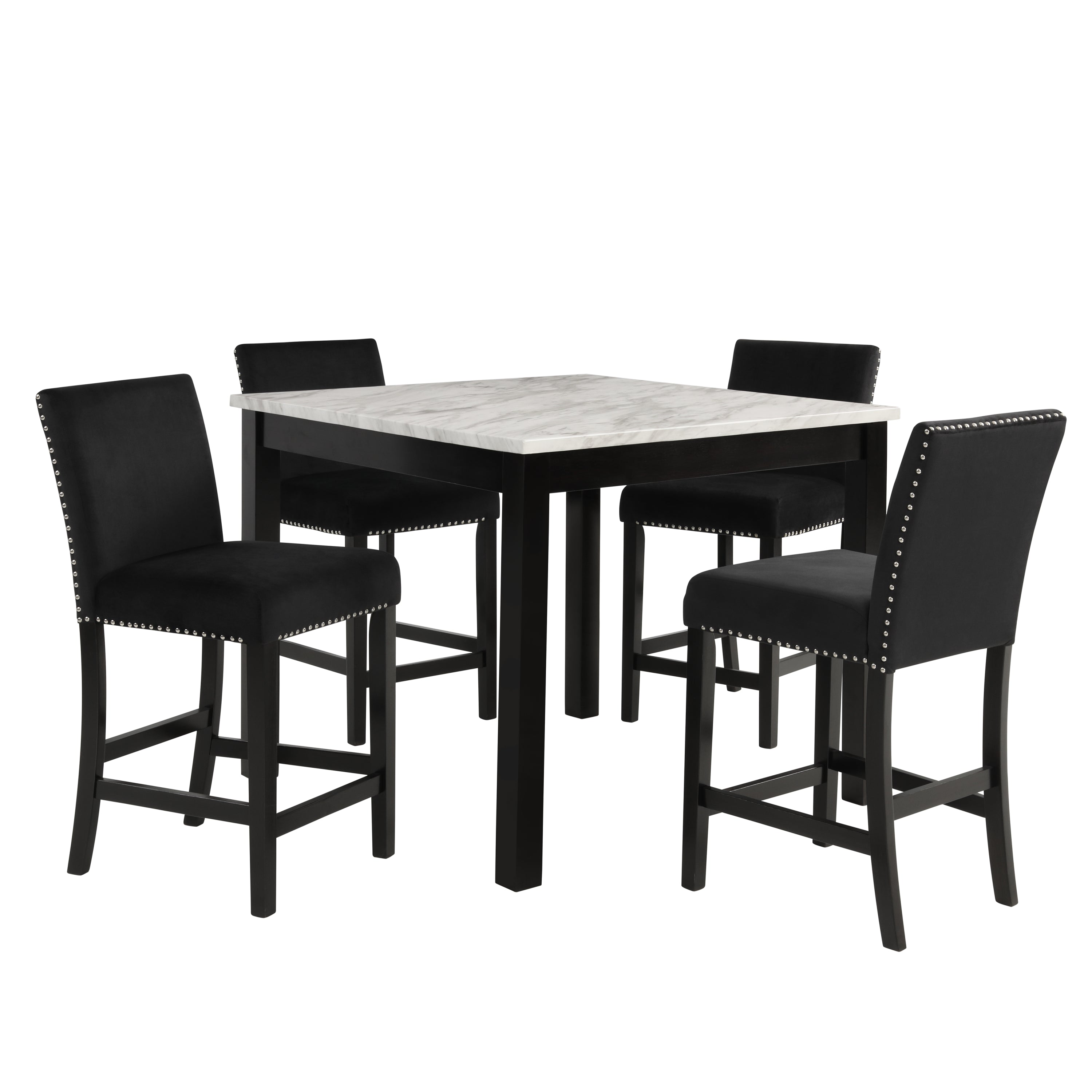 5pc Counter Height Dining Set Square White Faux Marble Table Black Velvet Upholstered Tufted Nail Head Chairs Wooden Leg