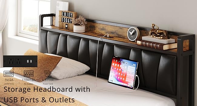 Floating Bed Frame with Storage Headboard & Charging Port