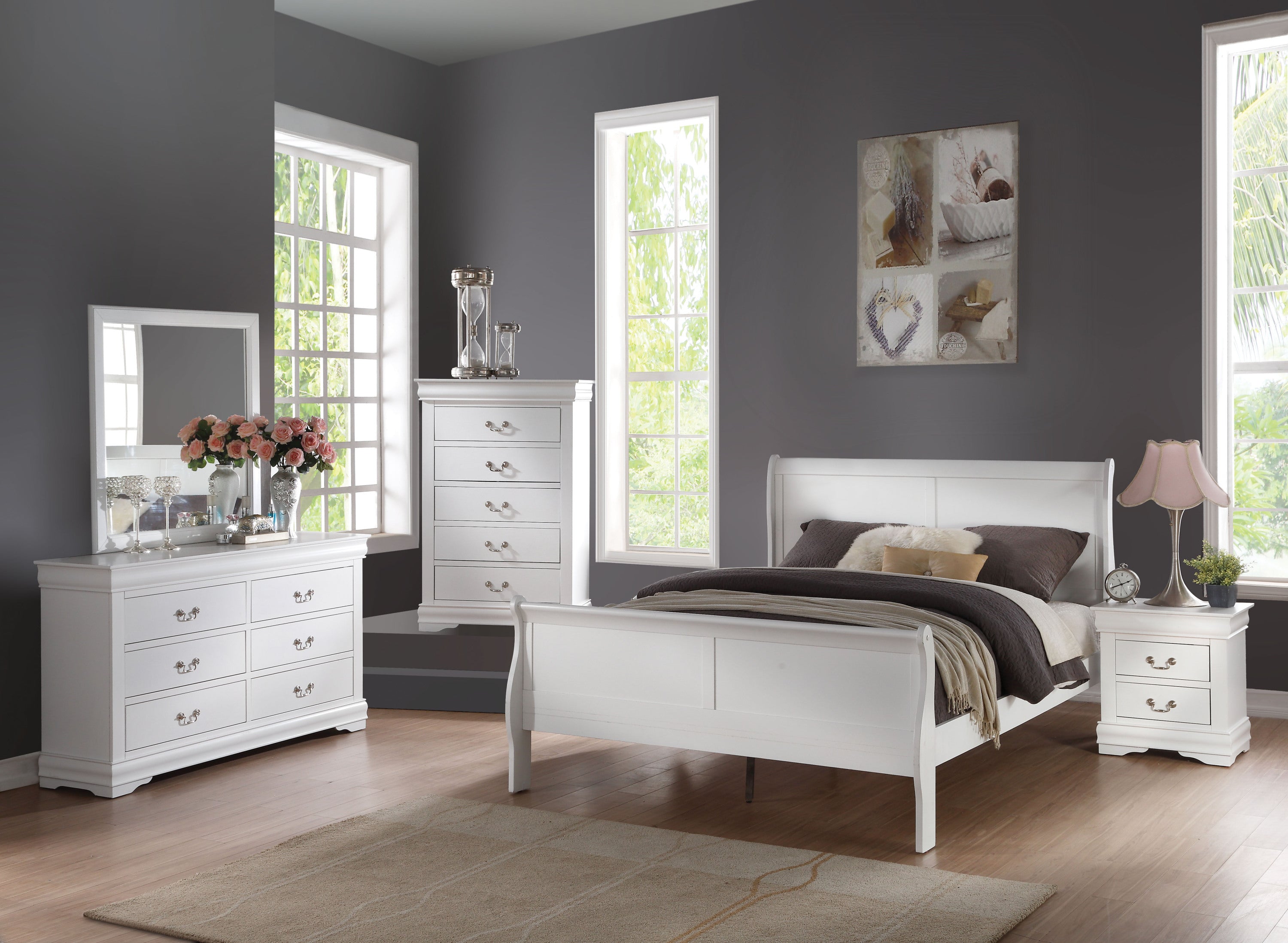 Louis Philippe White Finish  King Sleigh Bed