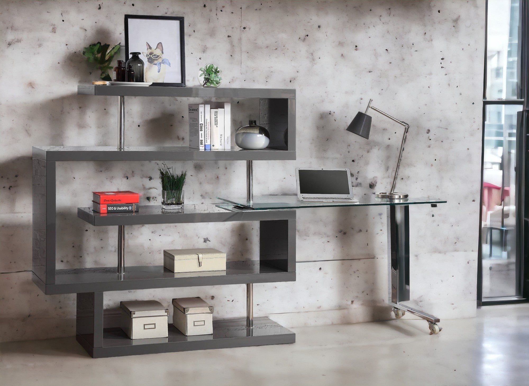 Buck II Clear Glass, Chrome High Gloss Finish Writing Desk with Shelf-Gray