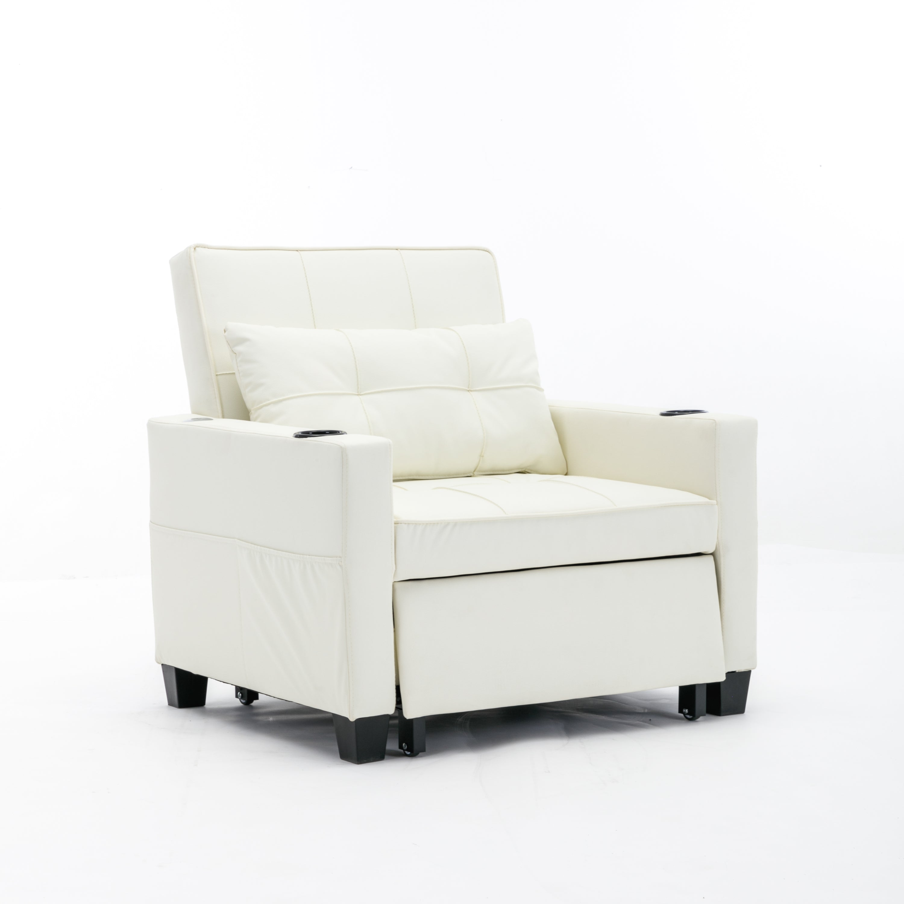 Convertible Chair 3-in-1 Pull Out Sleeper Chair Beds with USB Ports, Wear-resistant and Anti-scratch,  (White Leather)