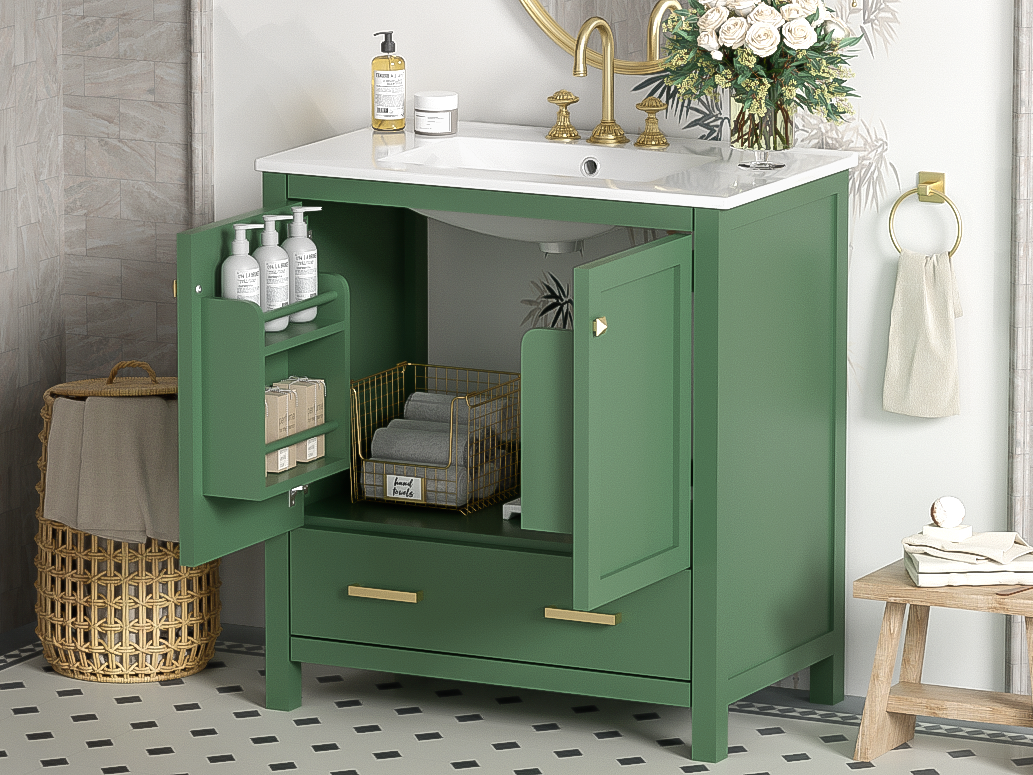 30" Green Bathroom Vanity with Single Sink, Storage Cabinet with 2 Doors and a Drawer, Soft Closure