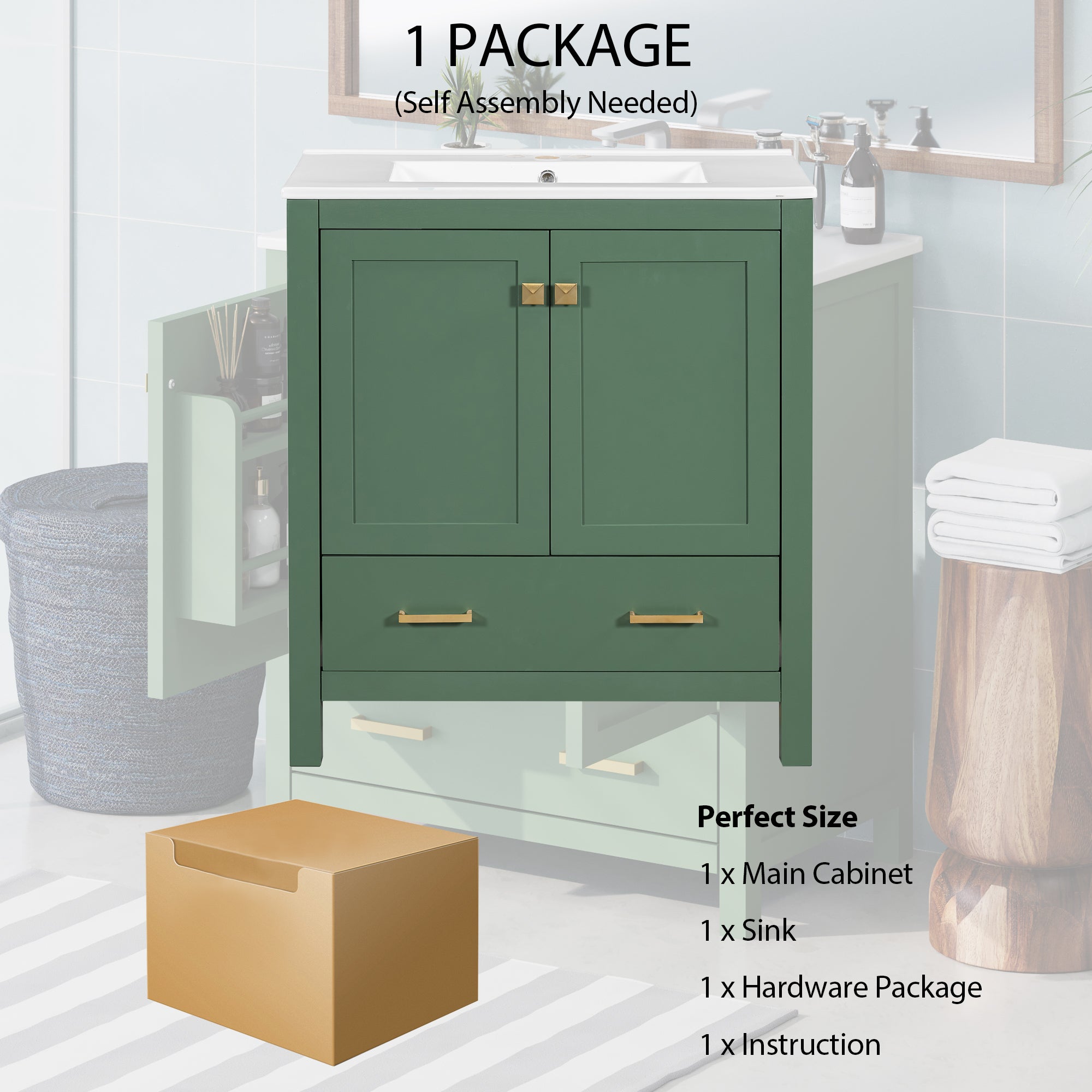 30" Green Bathroom Vanity with Single Sink, Storage Cabinet with 2 Doors and a Drawer, Soft Closure