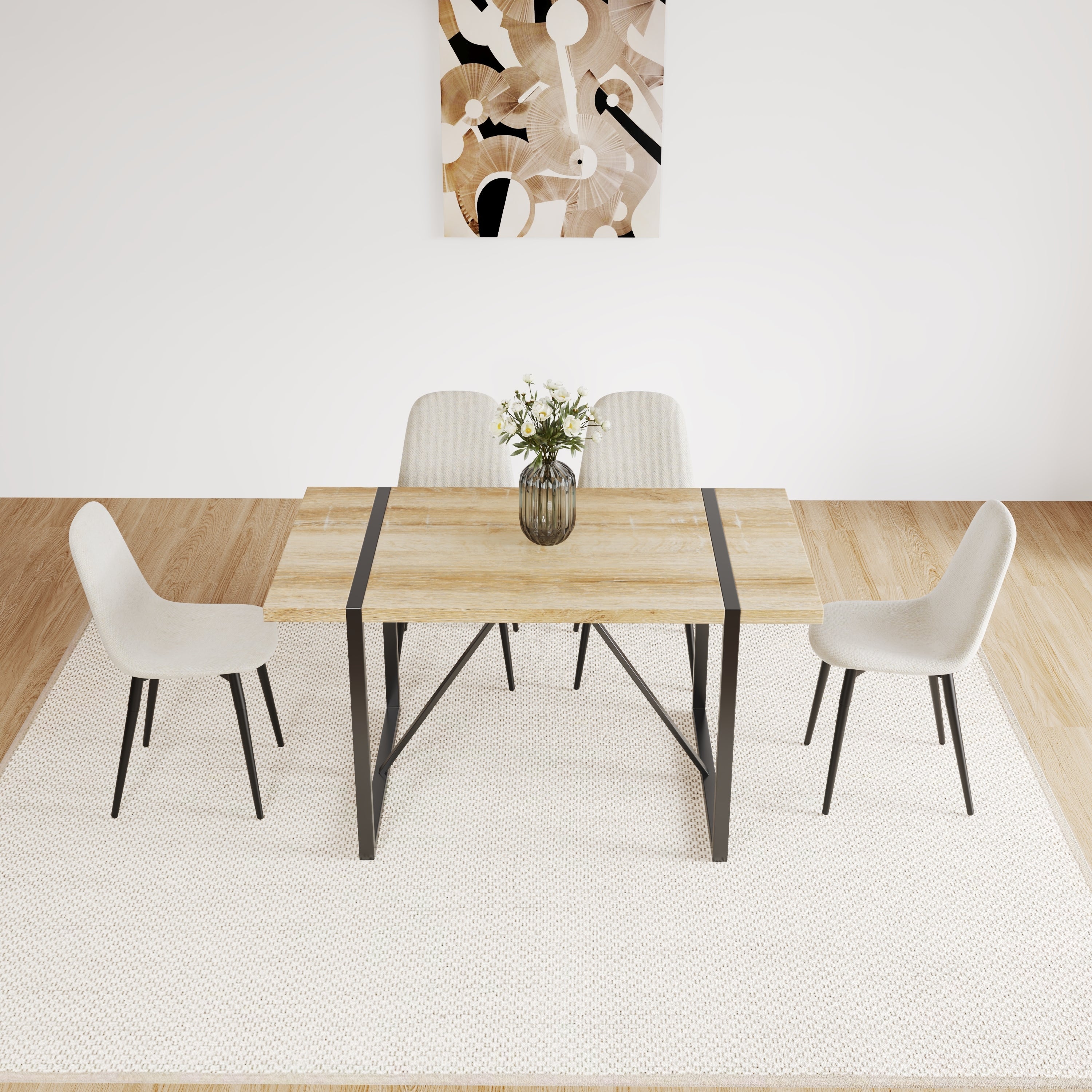 55" Natural color Dining Table and Modern Dining Chair Set of 4, Metal Base & Legs