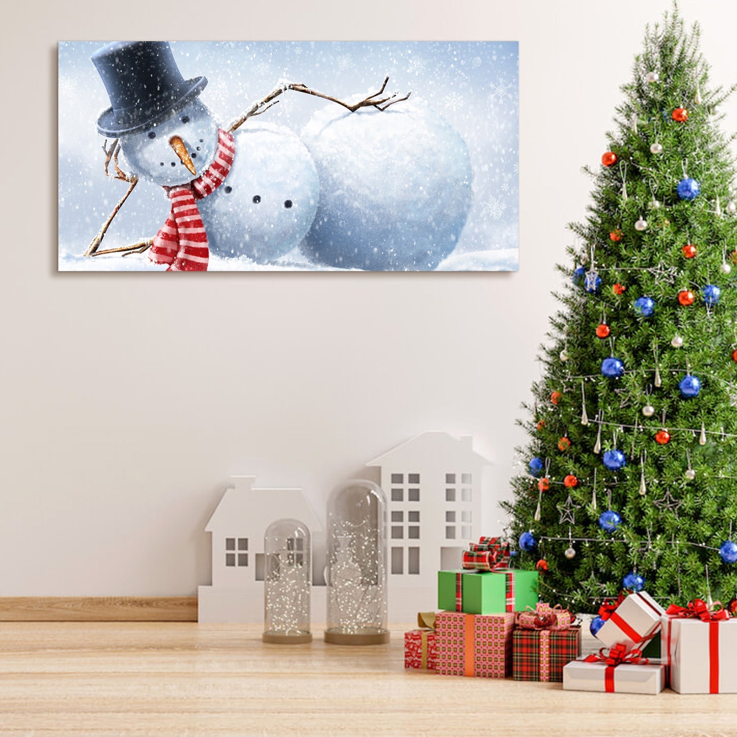 Framed Canvas Wall Art Cute Lying Snowman Painting