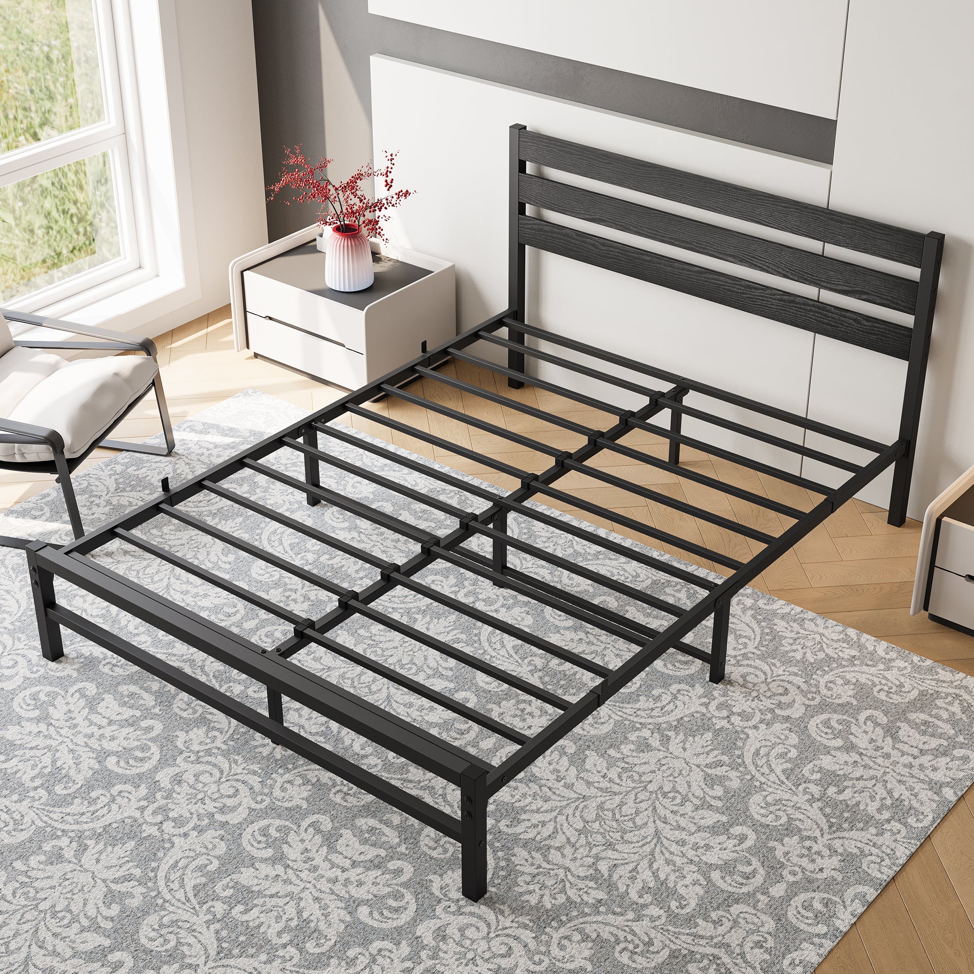 Queen Size Platform Bed Frame with Wooden Headboard, Under Bed Storage, Non-Slip, Noise Free, Easy Assembly, Black