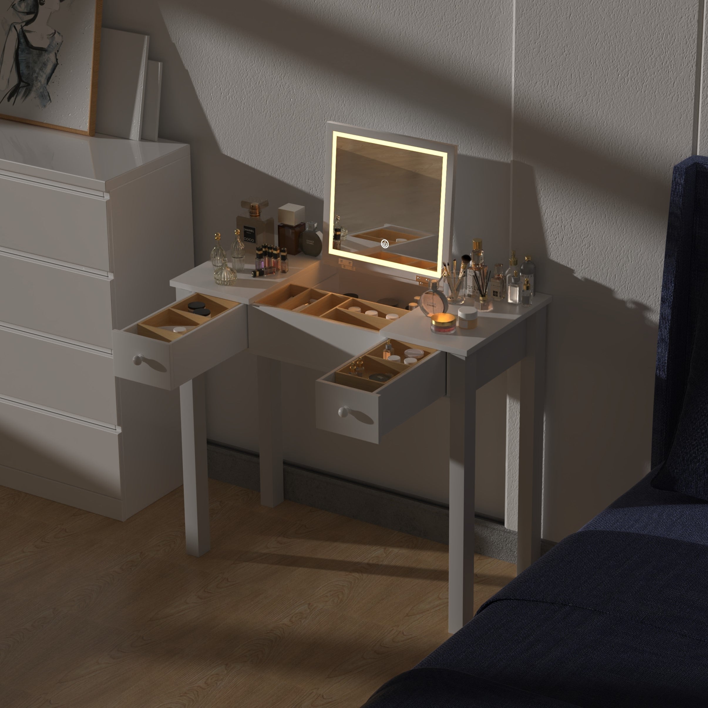 Chic White Vanity Table with LED Lights, Flip-Top Mirror and 2 Drawers