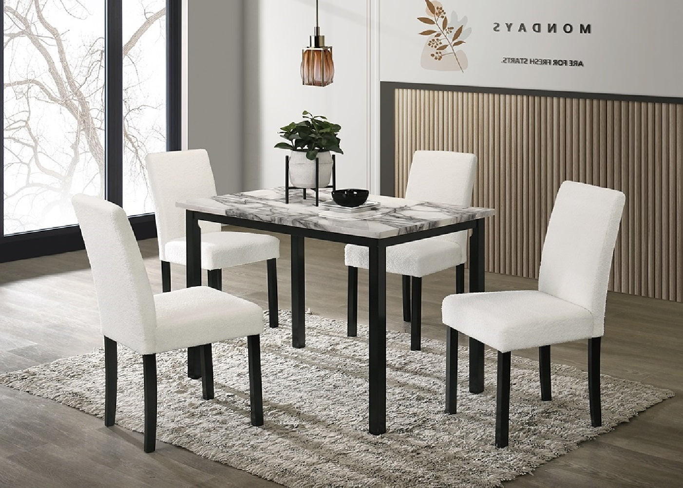 5pc Dining Set -White  Wool Fabric Chairs Faux Marble Top Table -Upholstered 4x Chairs Dining Room