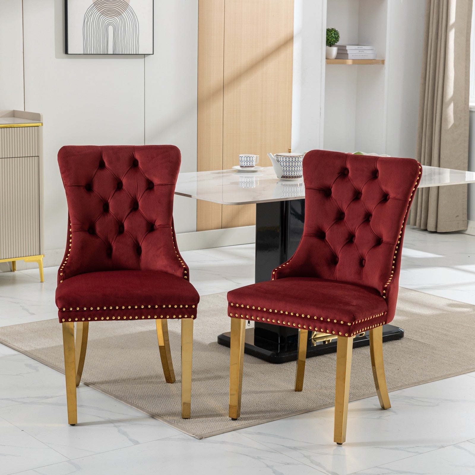 Nikki Collection Modern, High-end Tufted Solid Wood Contemporary Velvet ,Set of 2, Wine Red and Gold