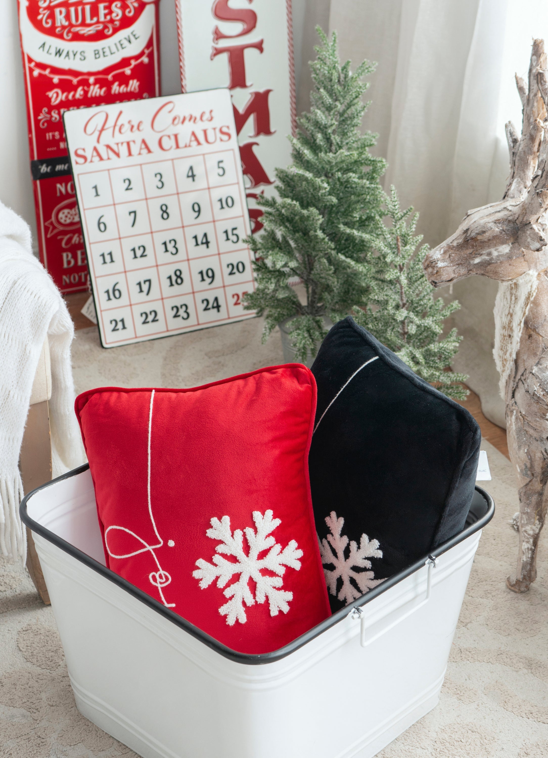 Black and Red Velvet Pillow With Embroidered Joy And Frosty Snowflake Set of 2, 18x12"