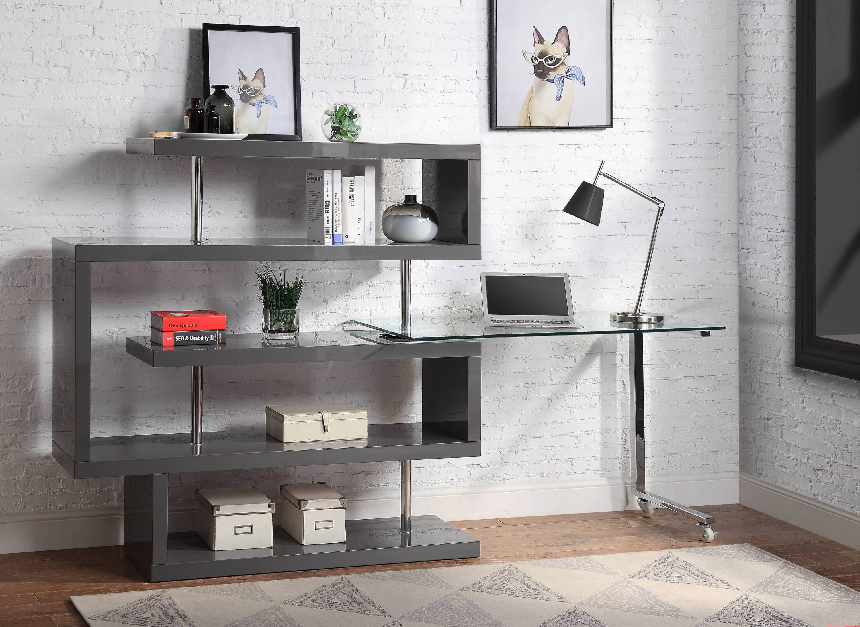 Buck II Clear Glass, Chrome High Gloss Finish Writing Desk with Shelf-Gray