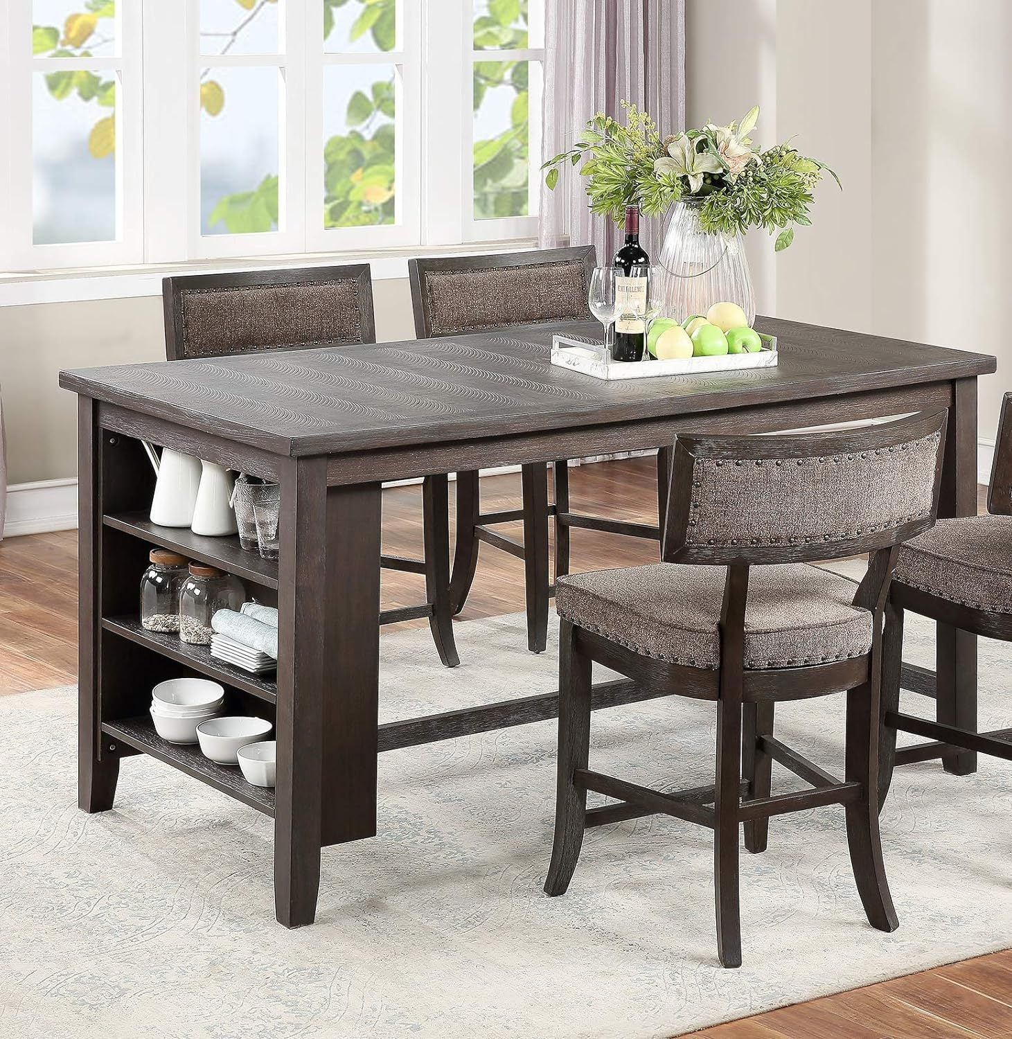 Counter Height Dining Table w Side Shelves Rustic Espresso 5pc Dining Set -Table and 4x High Chairs