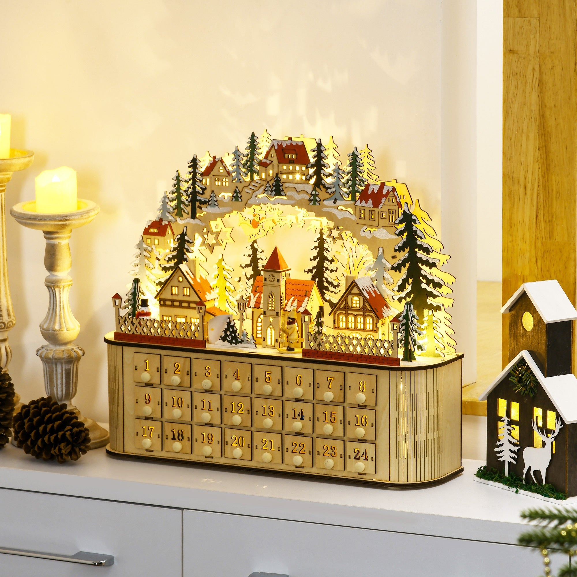 Arched Wooden Christmas Advent Calendar, Light Up Table