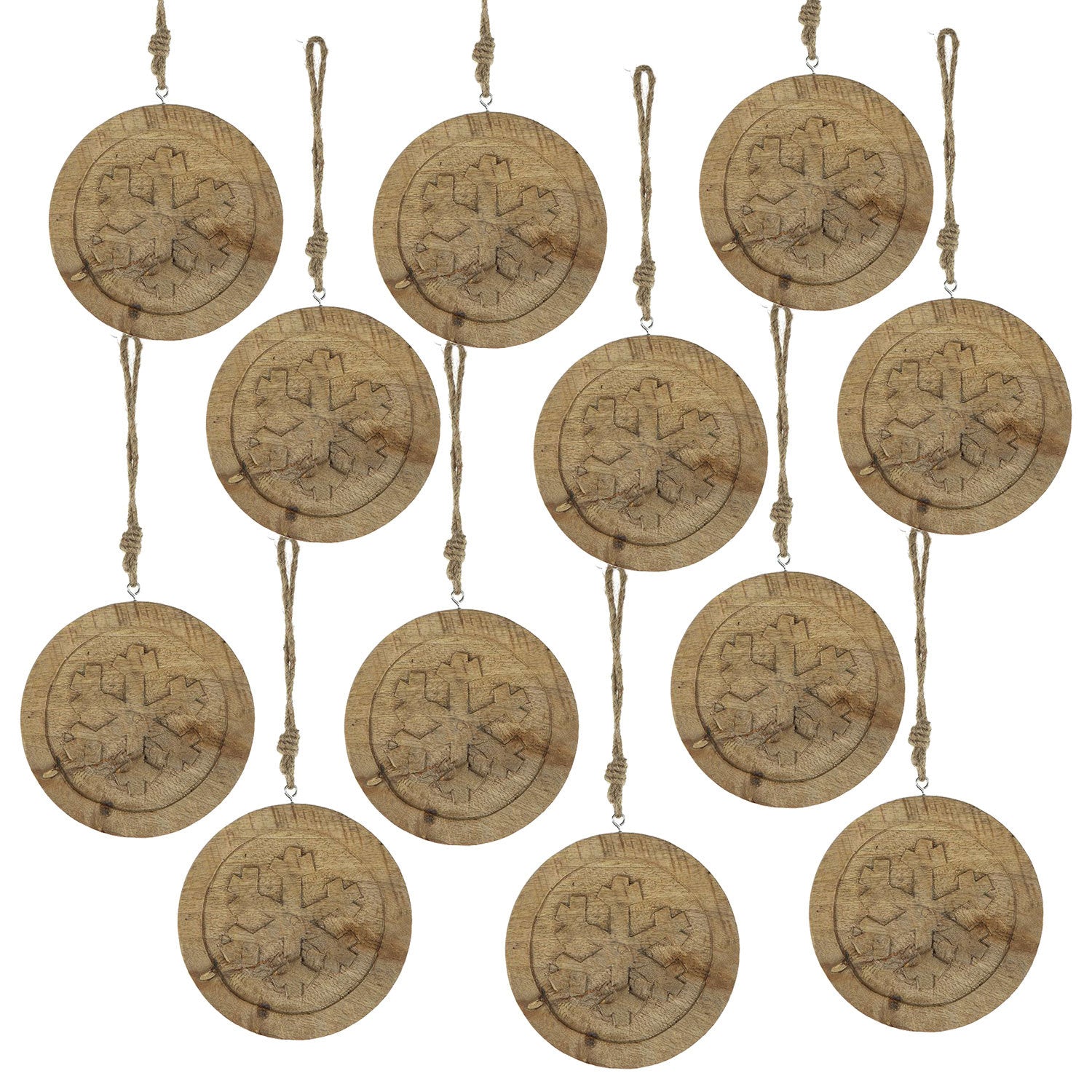 6" x 6" Wooden Hanging Circle With Snowflake Cut, Decorative Hanging Christmas Tree Ornaments for Holiday Party Decorations, Set of 12