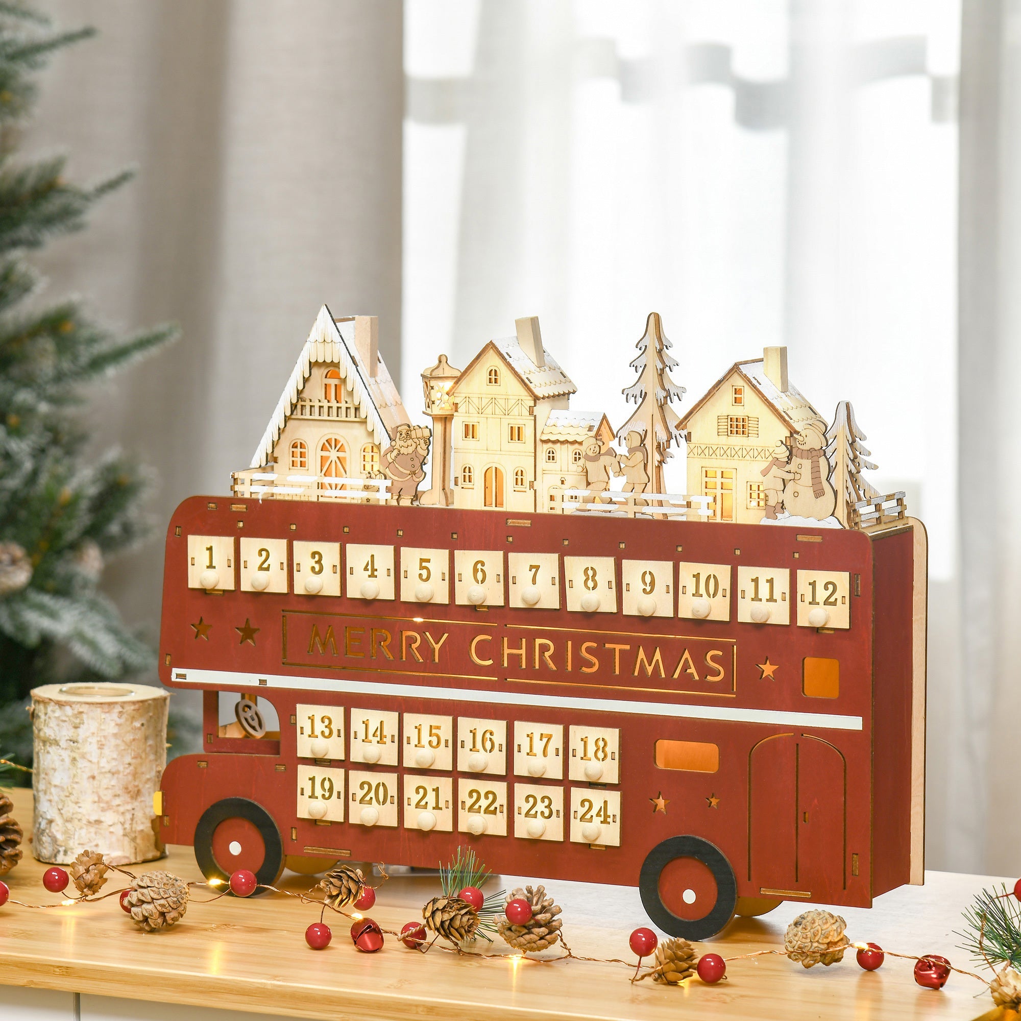 Christmas Bust Advent Calendar, Light Up Wooden Bus Holiday with Countdown Drawer