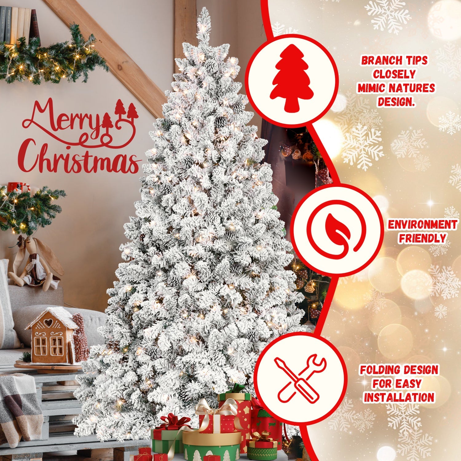 7.5ft Snow-Flocked Artificial Christmas Tree with Pine Cones, Prelit Xmas Trees, Hinged Easy Assembly & Reinforced Metal Base