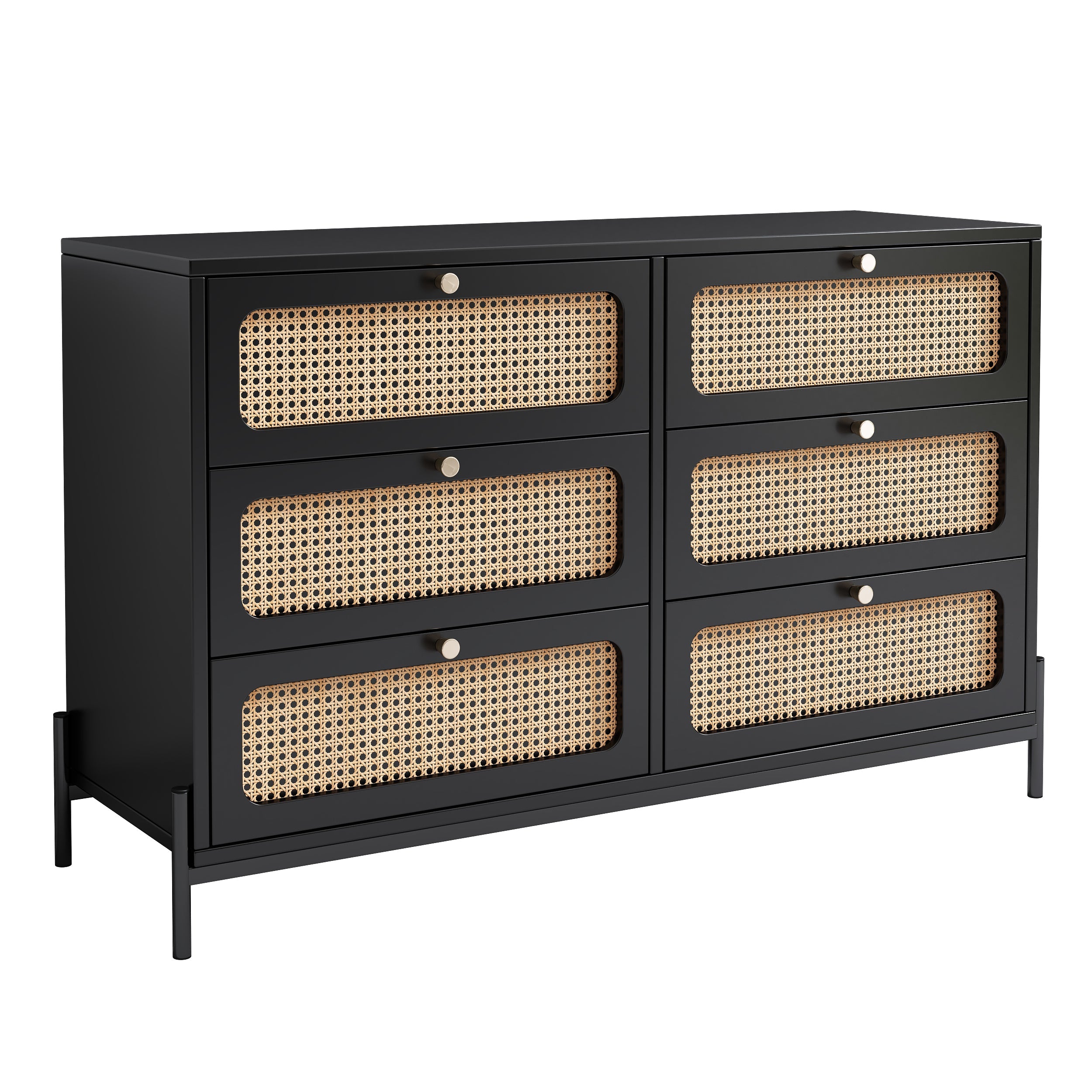 Modern Cannage Rattan Wood Closet 6-Drawer Dresser Wood Storage Cabinet Sideboard for Bedroom