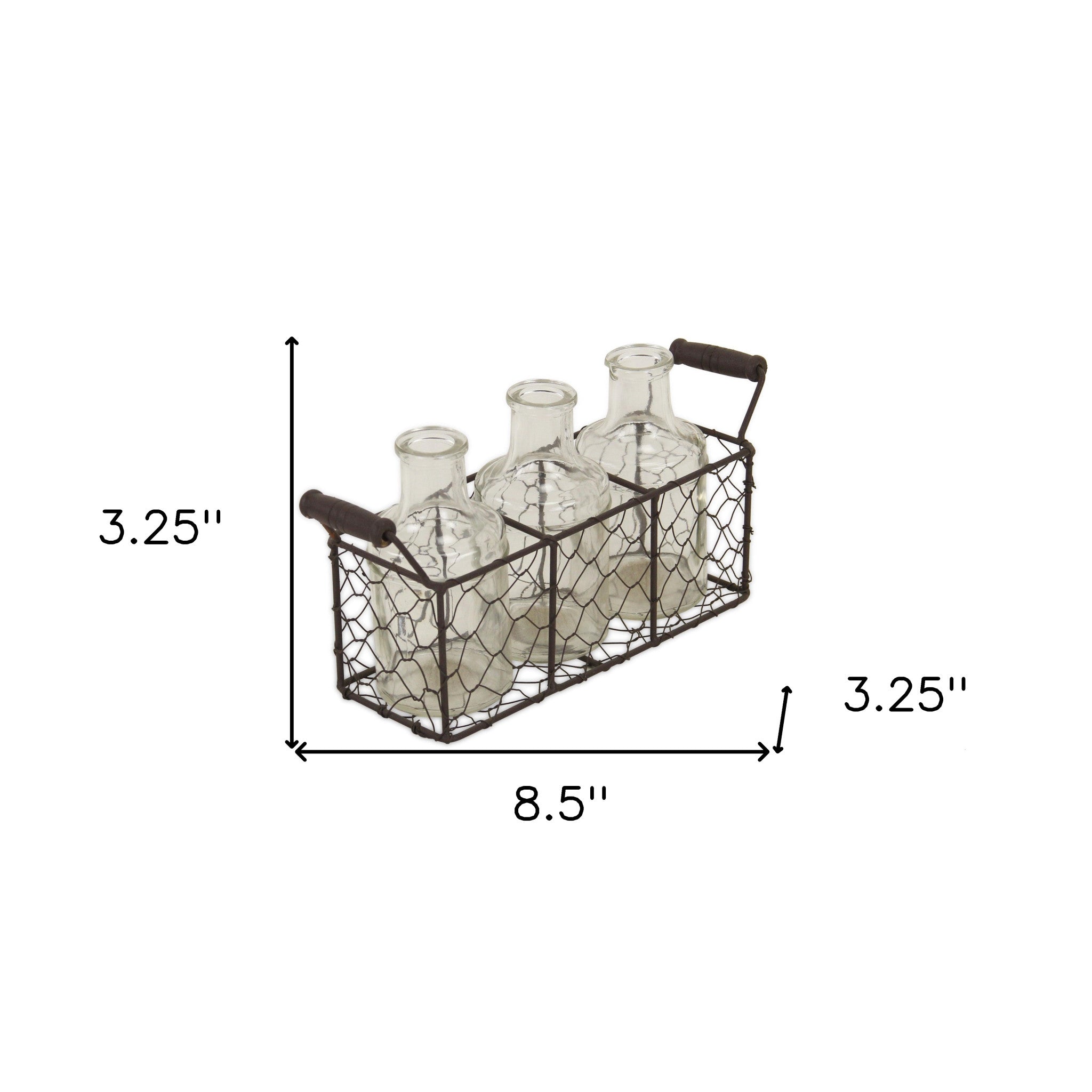 Set of Three Glass Bottles in Brown Wire Basket