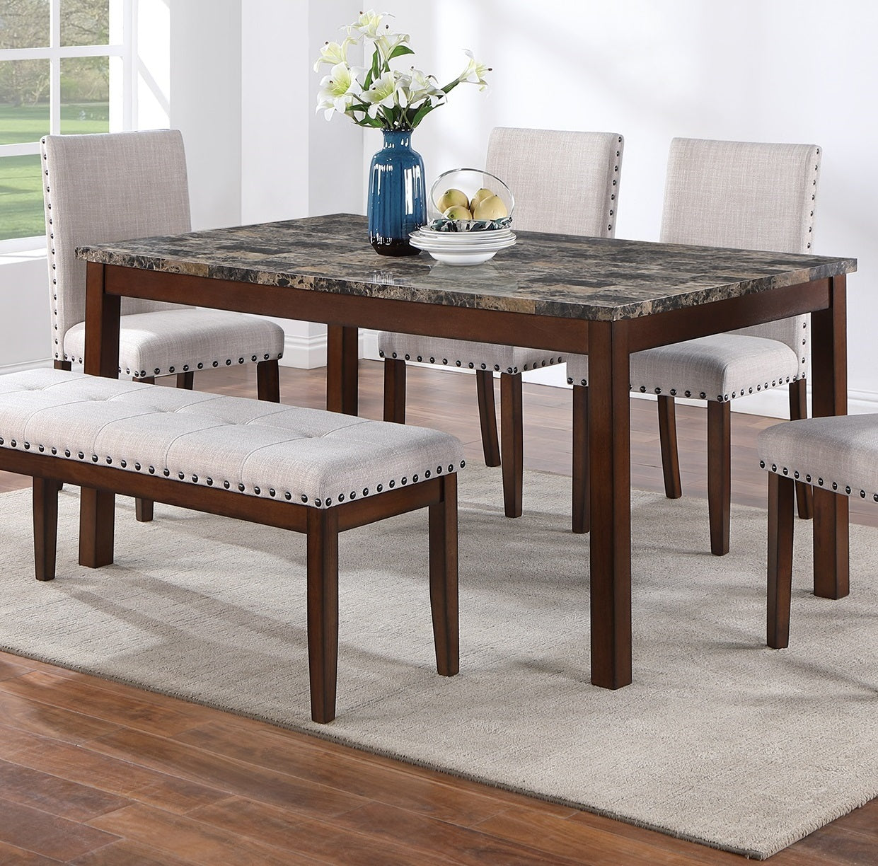 Modern 6pcs Set- Dining Table 4 Side Chairs and A Bench Beige