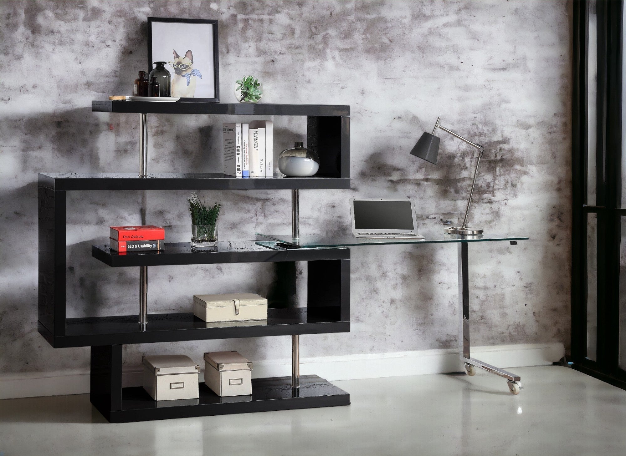 Buck II Clear Glass, Chrome High Gloss Finish Writing Desk with Shelf- Black