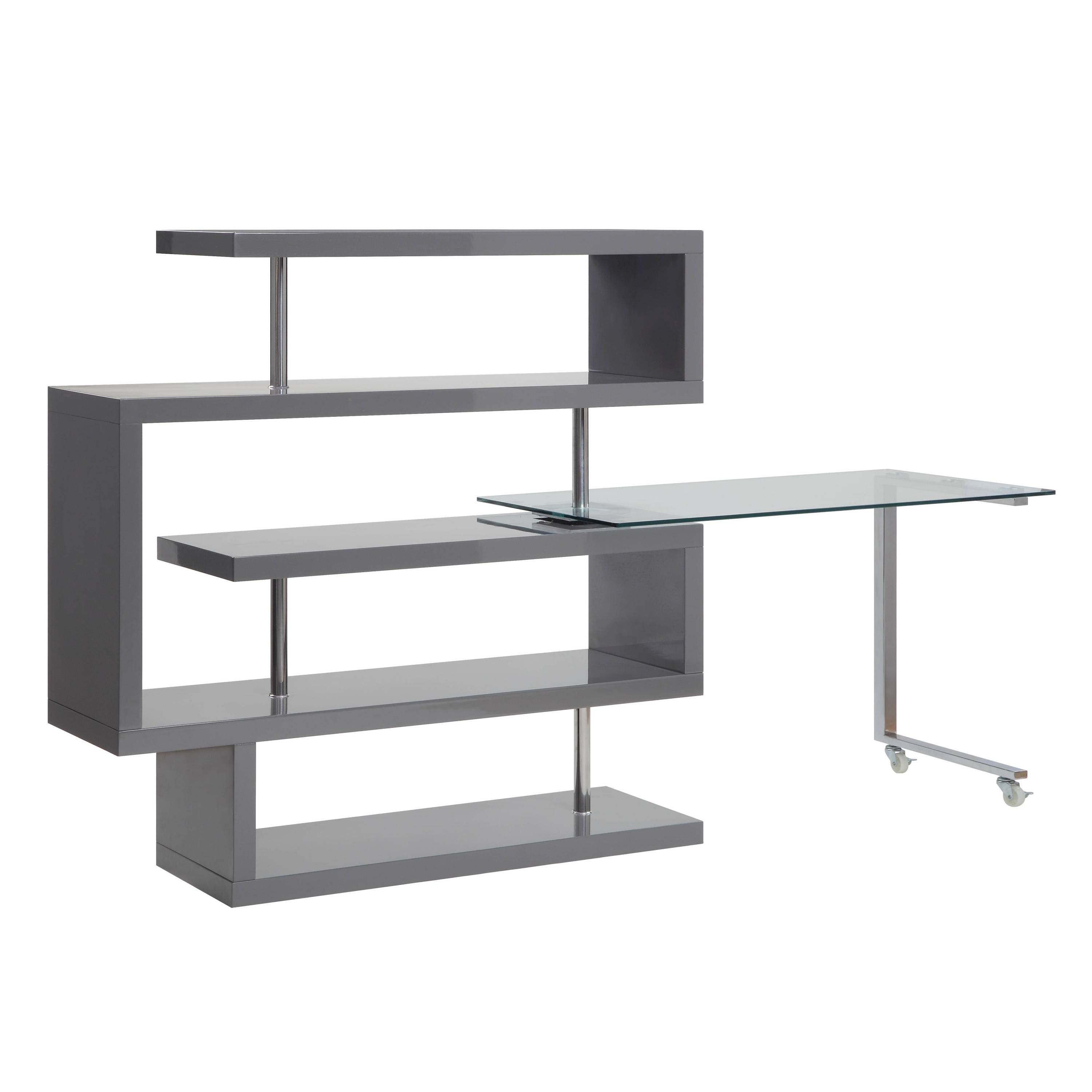 Buck II Clear Glass, Chrome High Gloss Finish Writing Desk with Shelf-Gray