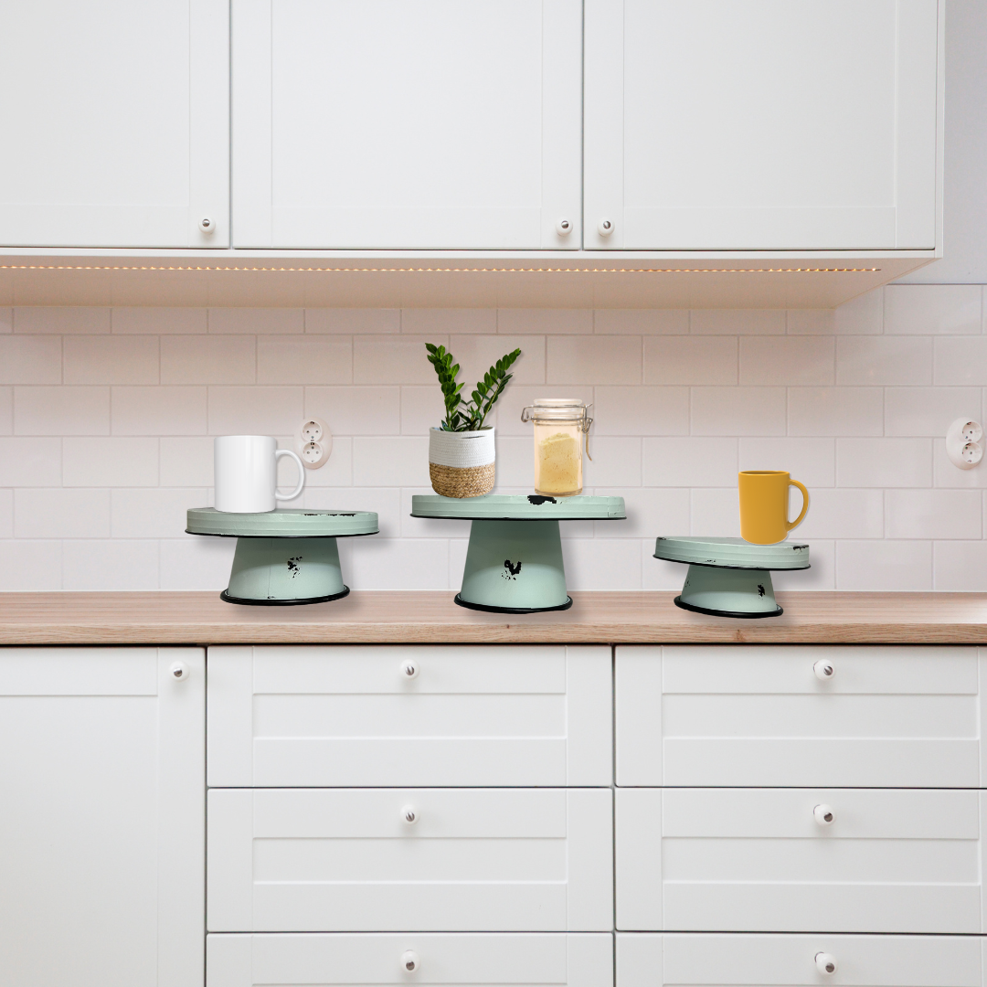 White Distressed Enamel Pedestal Server Set