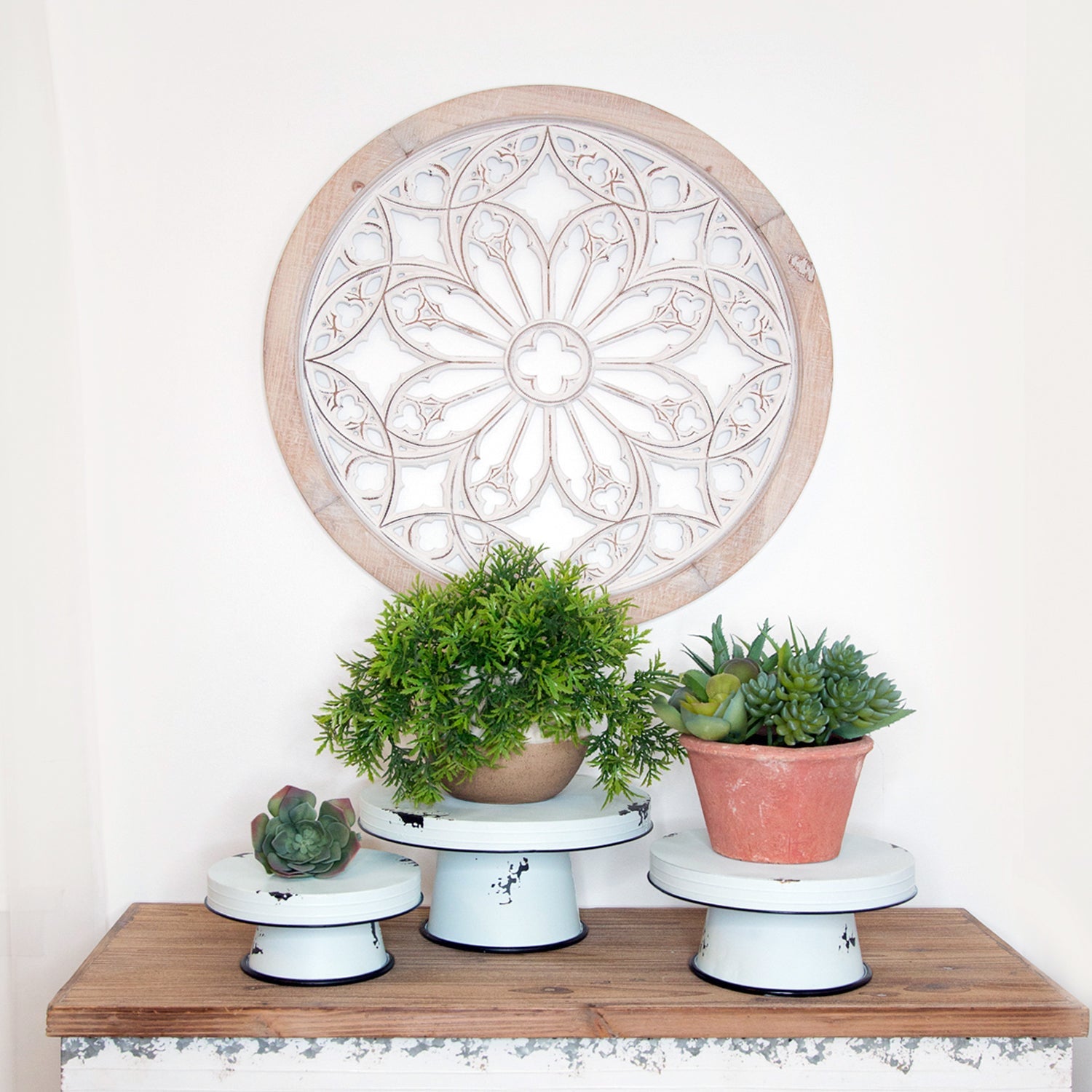 White Distressed Enamel Pedestal Server Set