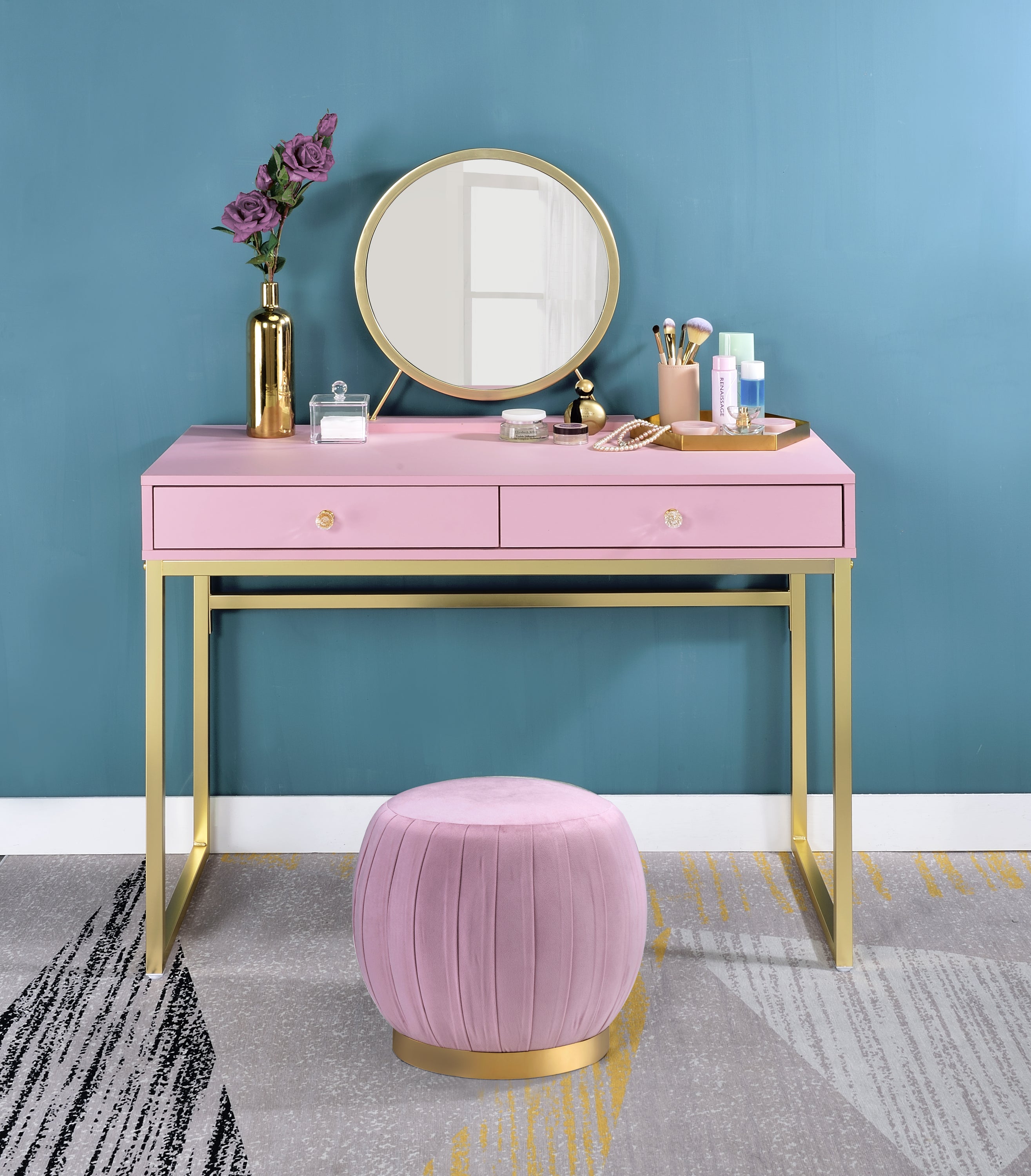 Coleen Vanity Desk w/Mirror & Jewelry Tray in Pink & Gold Finish