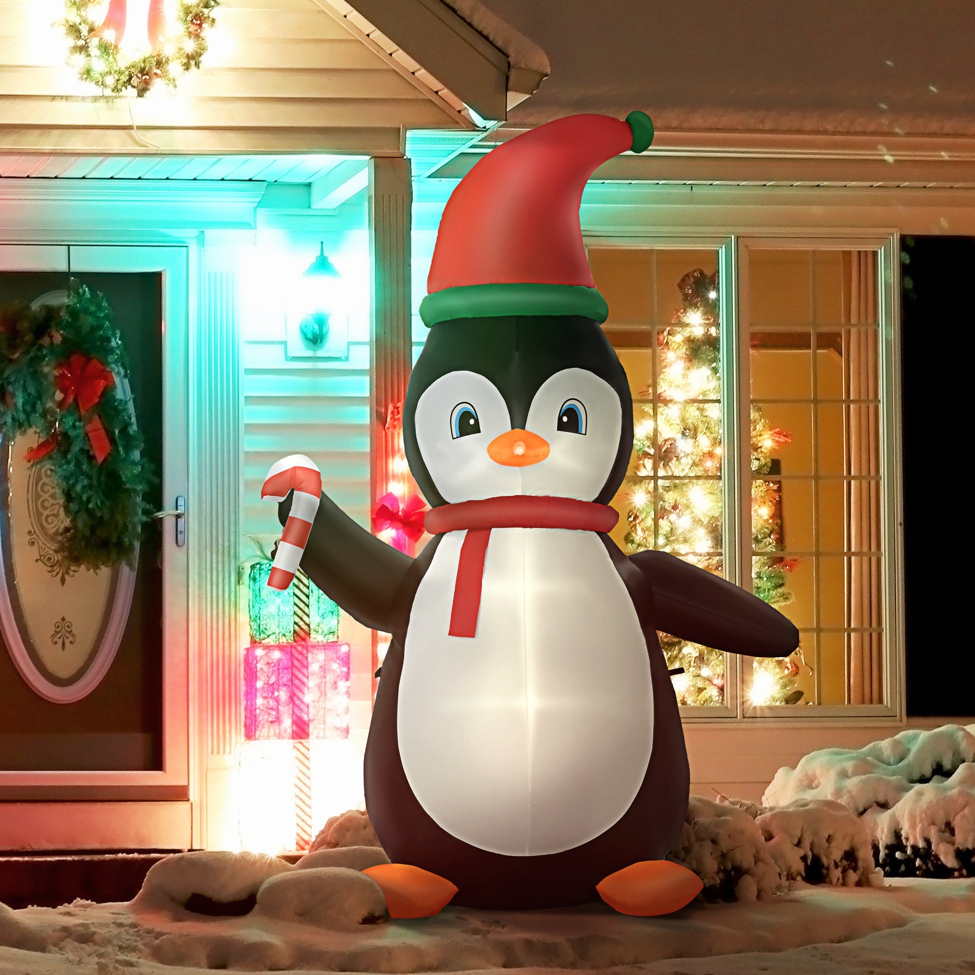 8ft   Penguin with Candy Cane, Blow-Up Yard  with LED Lights Display-Christmas Inflatable