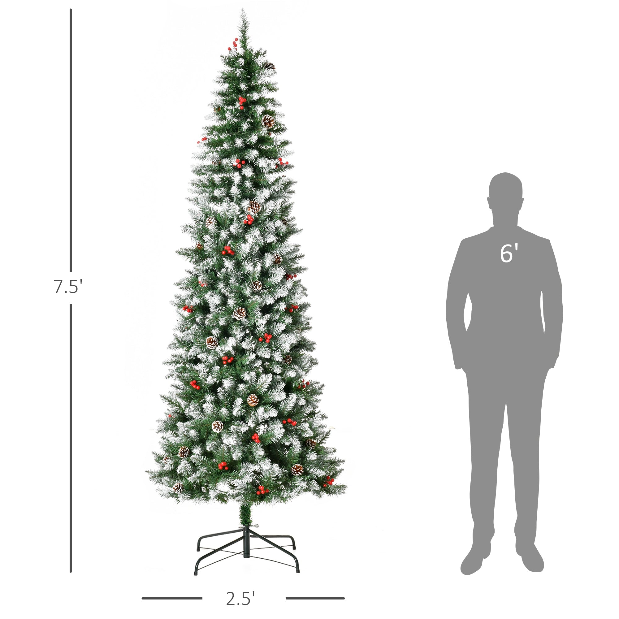 7.5ft Pre-Lit Snow-Dipped  Christmas Tree, Pine Cones, Red Berries