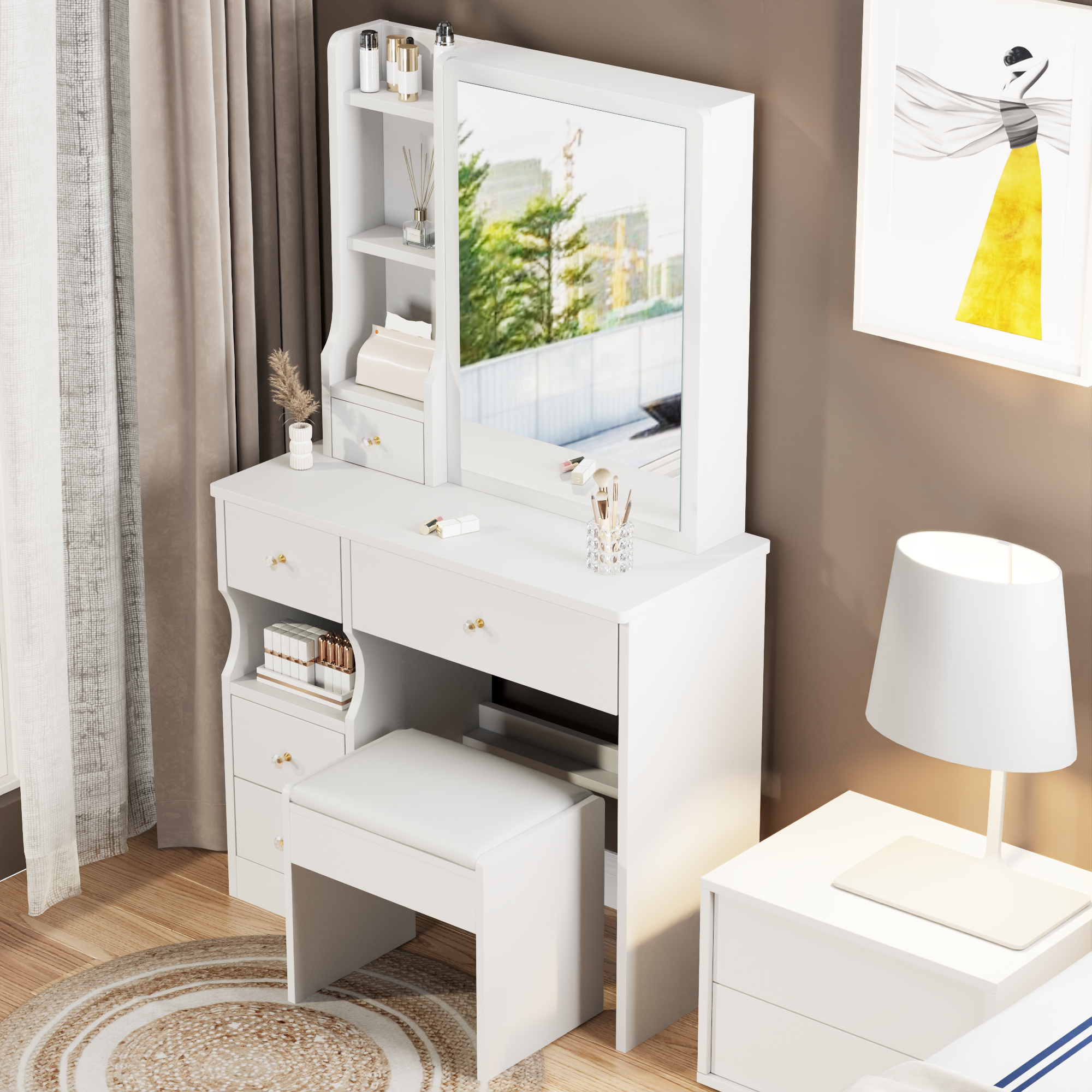 Desktop Vanity Table + Cushioned Stool, Extra Large Right sliding mirror, Multi Layer High Capacity Storage