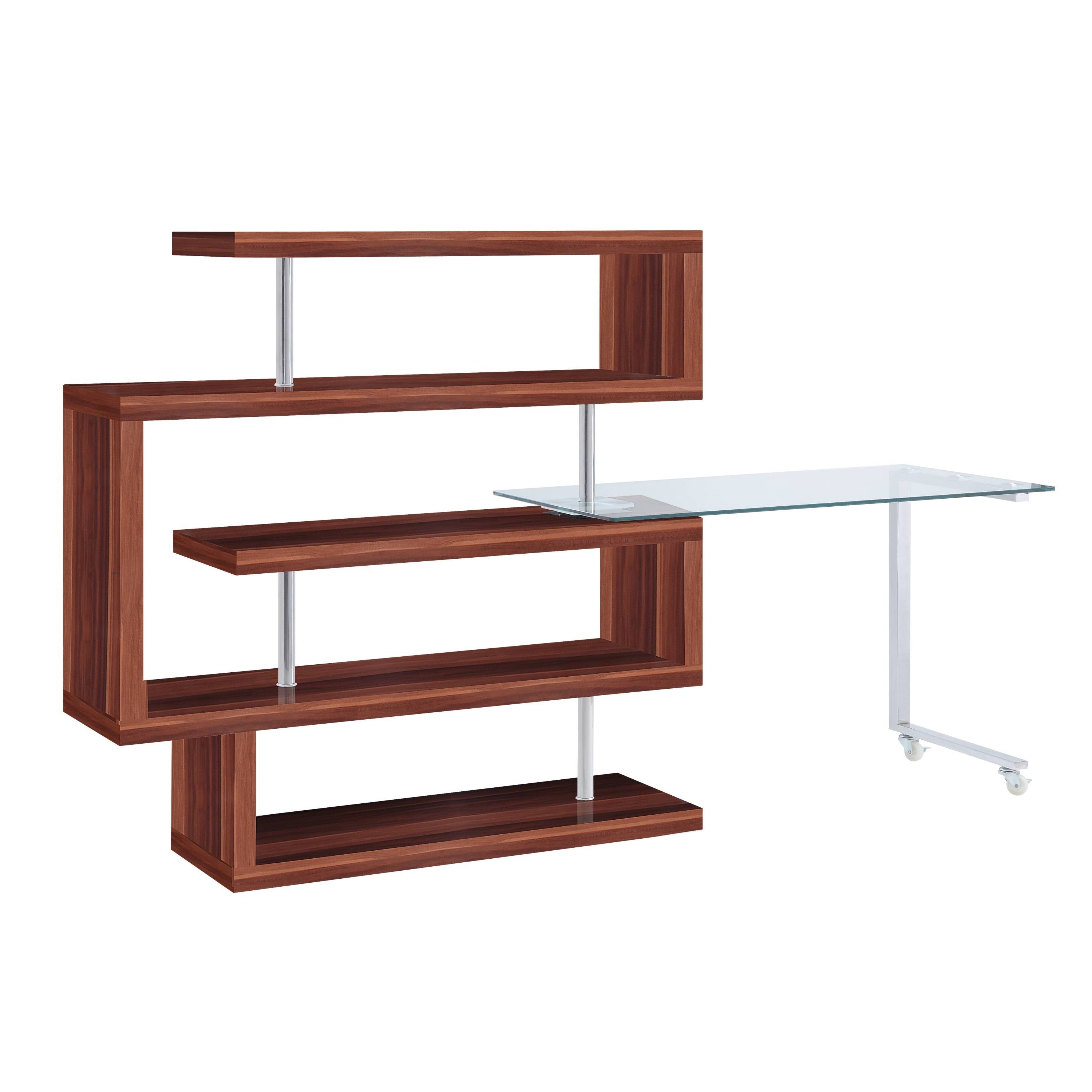 Buck II Clear Glass, Chrome High Gloss Finish Writing Desk with Shelf-Walnut