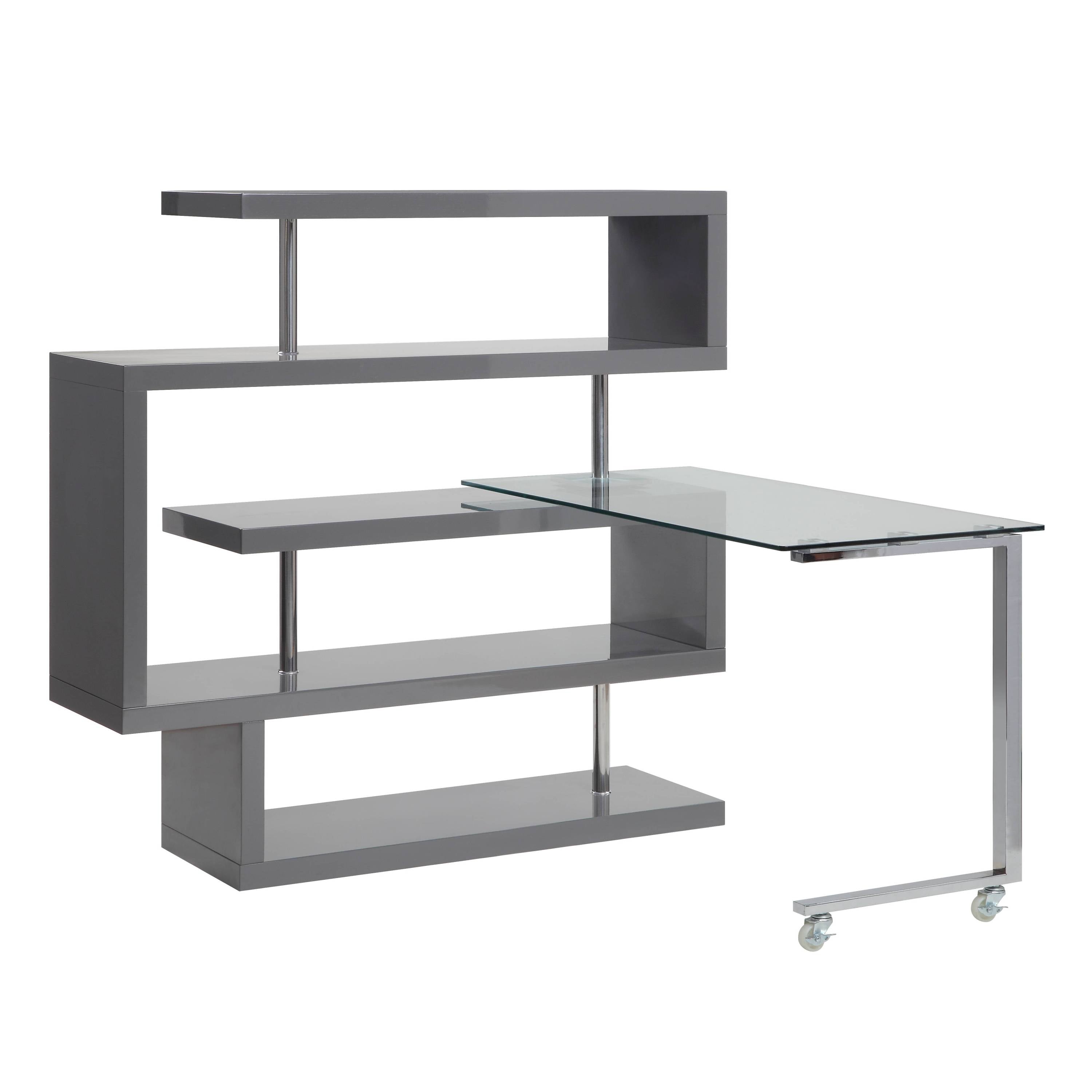 Buck II Clear Glass, Chrome High Gloss Finish Writing Desk with Shelf-Gray