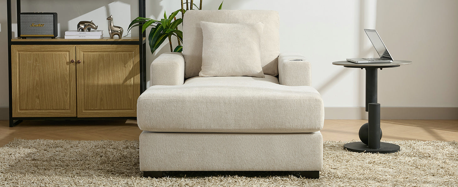 39.7" Oversized Chaise Lounger Modern Style Sofa Couch ,with Pillows, Charge Station & Cup Holders, Chenille Fabric, Cream