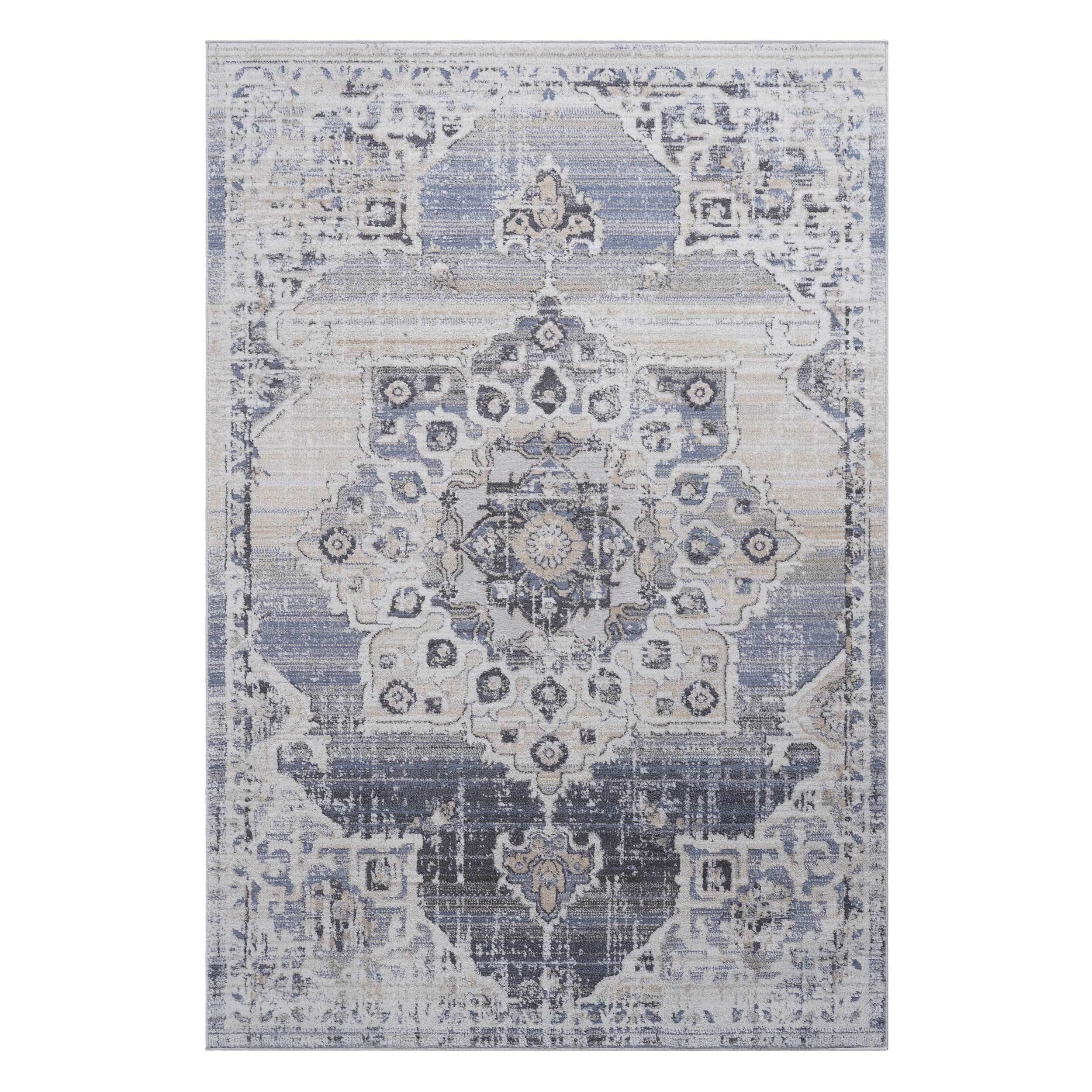 5X7 Cream/Blue /Medallion Non-Shedding and Stain Resistant Area Rug