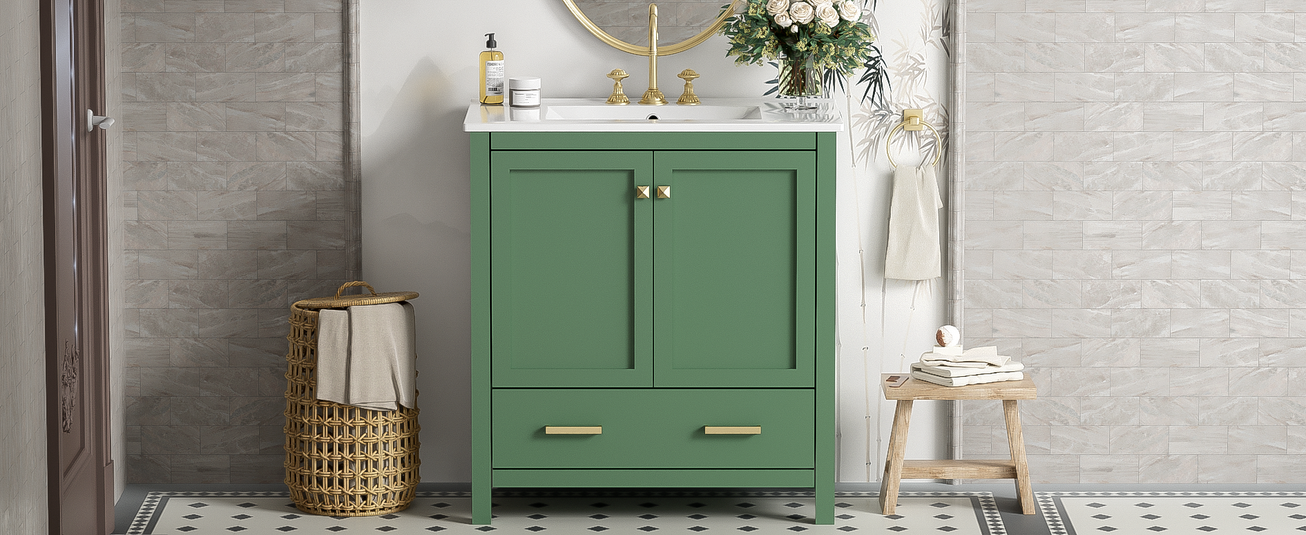 30" Green Bathroom Vanity with Single Sink, Storage Cabinet with 2 Doors and a Drawer, Soft Closure