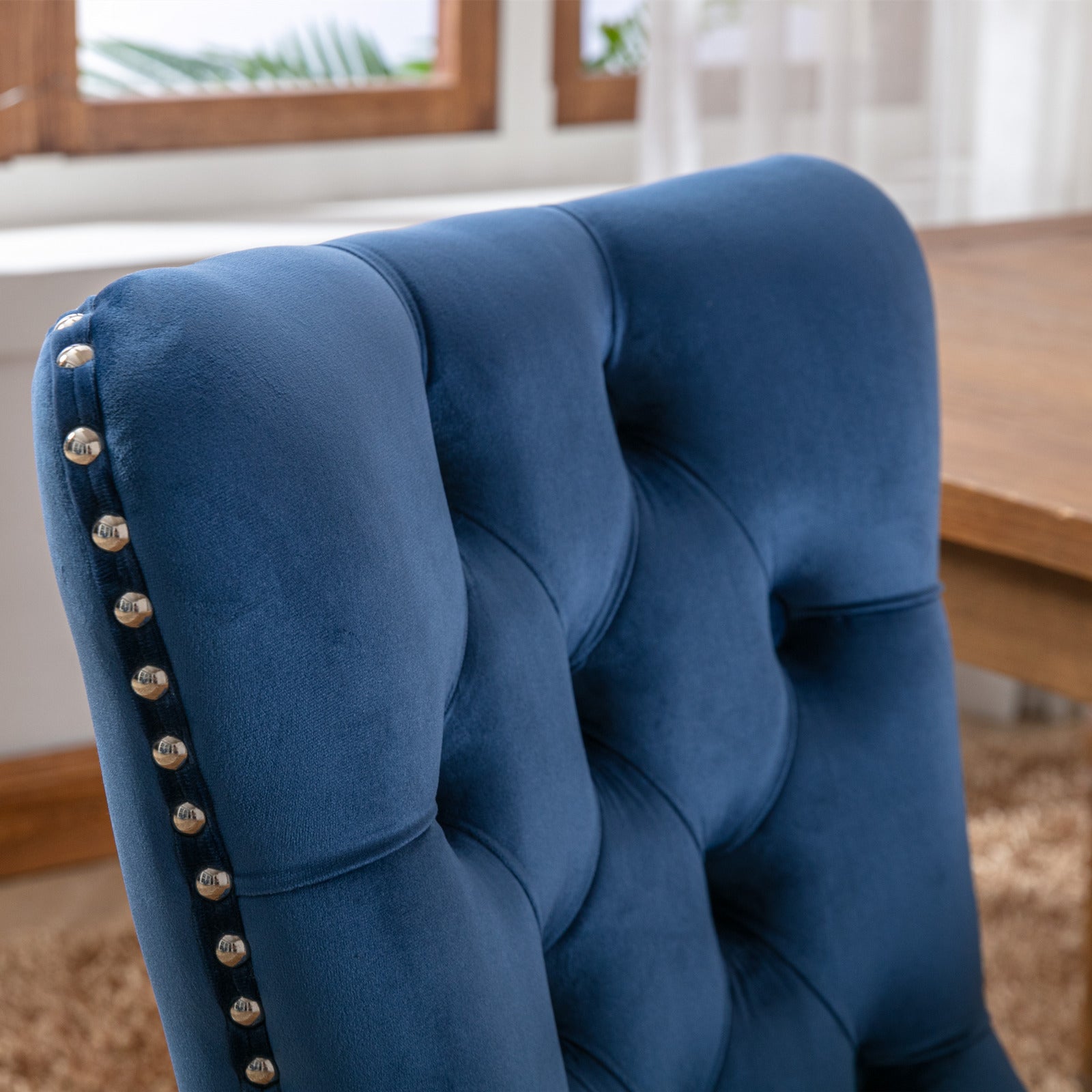 Tufted Solid Wood Velvet Upholstered Dining Chair with Wood Legs Nailhead Trim Set of 2, Blue L